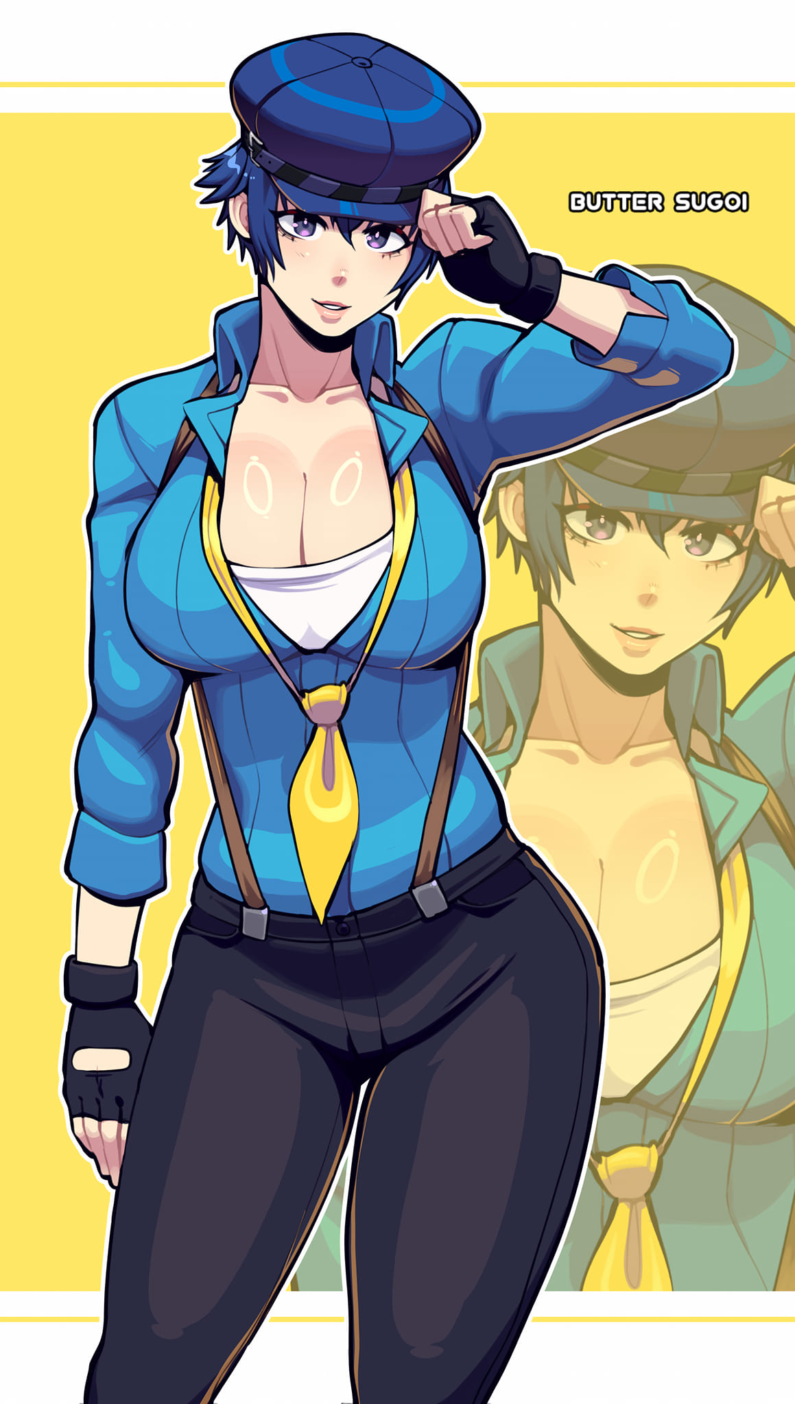 alternate breast size, artist name, black gloves, black pants, blue eyes, blue hair, blue hat, breasts, butter sugoi, cleavage, commentary, contrapposto, female, female only, fingerless gloves, gloves, hat, highres, large breasts, loose necktie, necktie, pants, parted lips, persona, persona 4, persona dancing, pink lips, purple eyes, shirogane naoto, shirogane naoto (dancewear), smile, solo, tomboy, yellow background, zoom layer