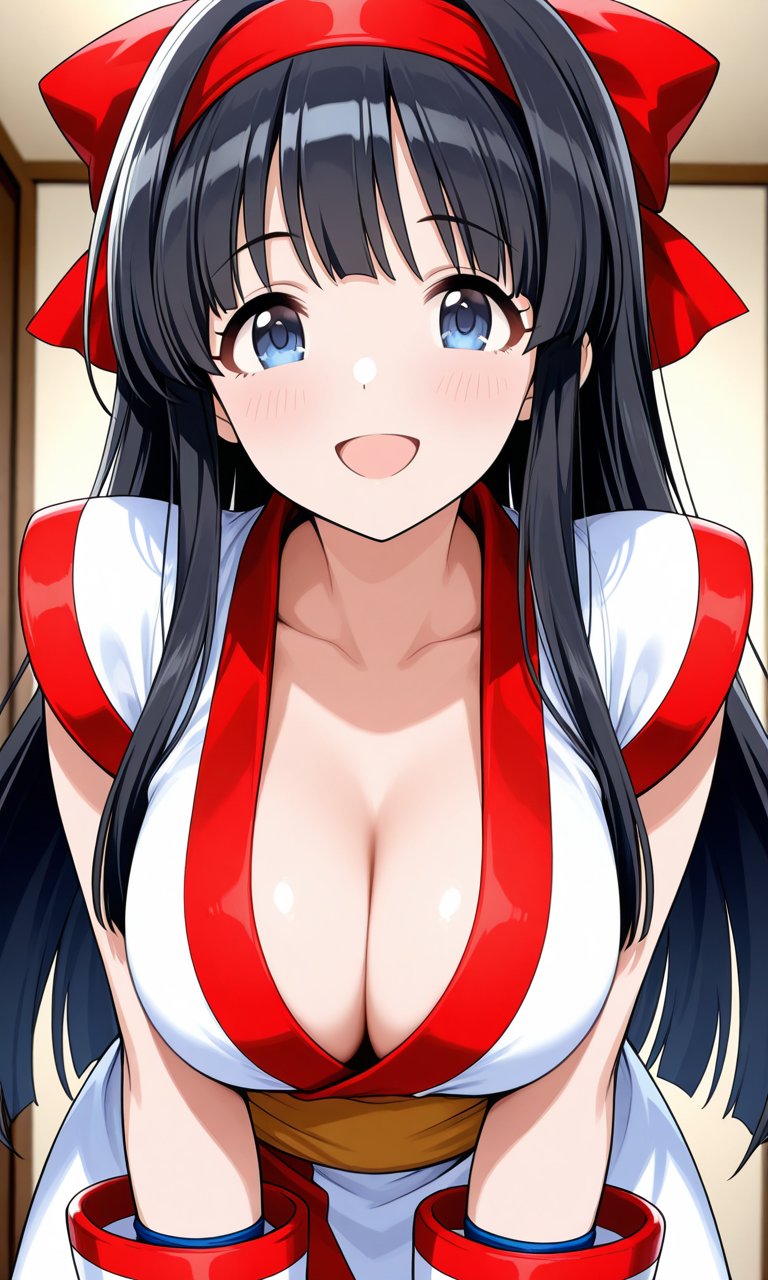 1girls ai_generated ainu_clothes big_breasts blue_eyes blue_hair breasts busty cleavage female female_only hair_ribbon hands_on_legs hands_on_own_legs hands_on_own_thighs hands_on_thighs hi_res king_of_fighters large_breasts leaning_forward long_hair looking_at_viewer nakoruru open_mouth samurai_shodown smile snk solo tongue voluptuous