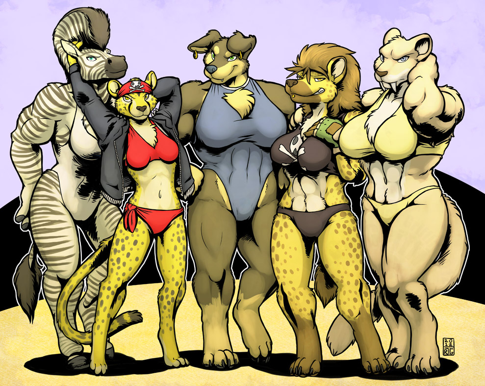 5girls abs biceps breasts canine cheetah domestic_dog equine feline female hyena muscles muscular muscular_arms muscular_female muscular_legs muscular_thighs rick_griffin saber-toothed_cat saber-toothed_tiger swimsuit swimwear tail zebra