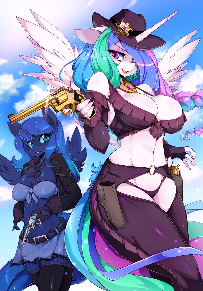 2girls big_breasts breasts cowboy_hat cowboy_outfit female gun guns horn horse my_little_pony princess_celestia_(mlp) princess_luna_(mlp) tail weapon wings