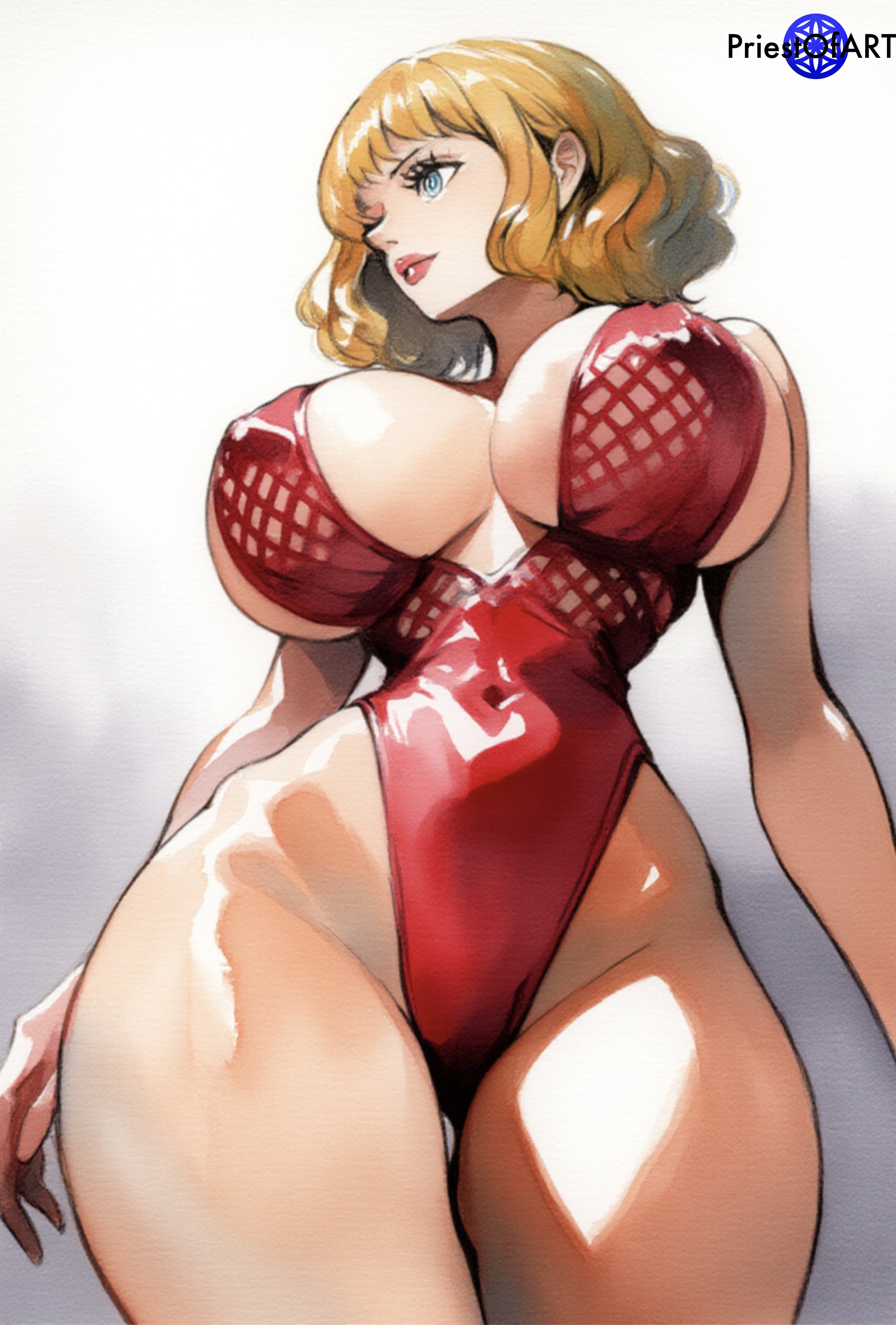 1girls, ai generated, big breasts, blonde female, blonde hair, blonde-haired female, breasts, busty, clothing, color, curvy, curvy female, curvy figure, female, female only, from below, huge breasts, looking away, one piece, one-piece swimsuit, priestofart, short hair, simple background, solo, solo female, solo focus, stussy (one piece), tagme, tagme (artist), thick thighs, watercolor, watermark, wide hips