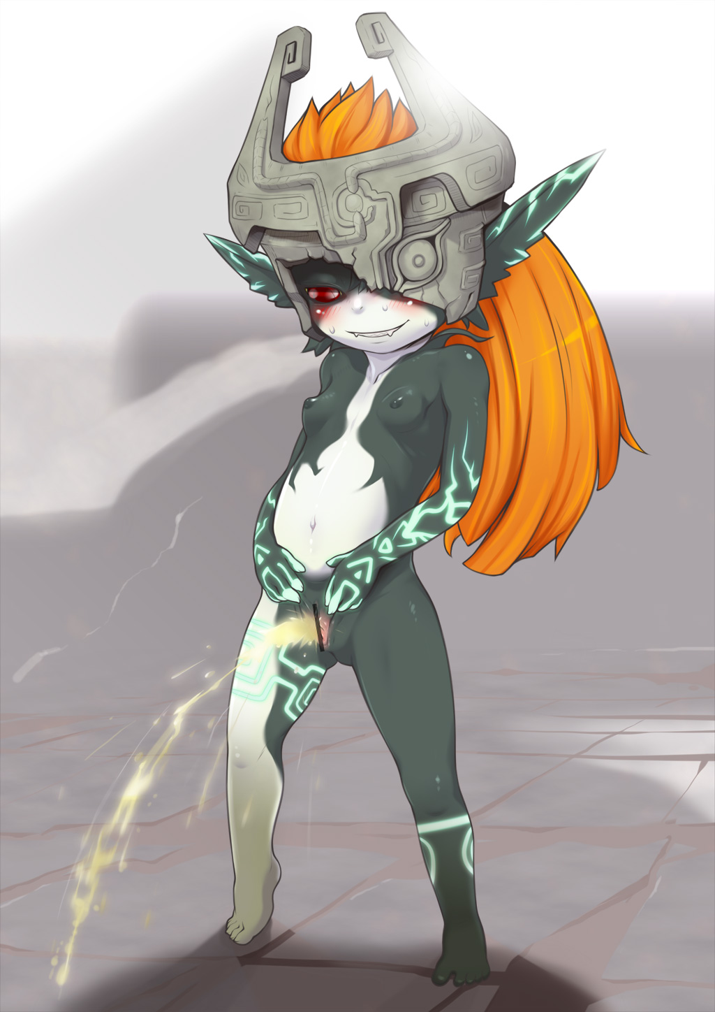 bar_censor black_skin blush censored dark_nipples fangs female full_body hair headgear helmet highres horned_helmet imp imp_midna j7w long_hair looking_down midna navel neon_trim nipples nude one_eye_covered orange_hair peeing pointless_censoring pointy_ears pussy red_eyes small_breasts solo spread_pussy standing sweat the_legend_of_zelda tiptoes toes twilight_princess two_tone_skin white_skin yellow_sclera