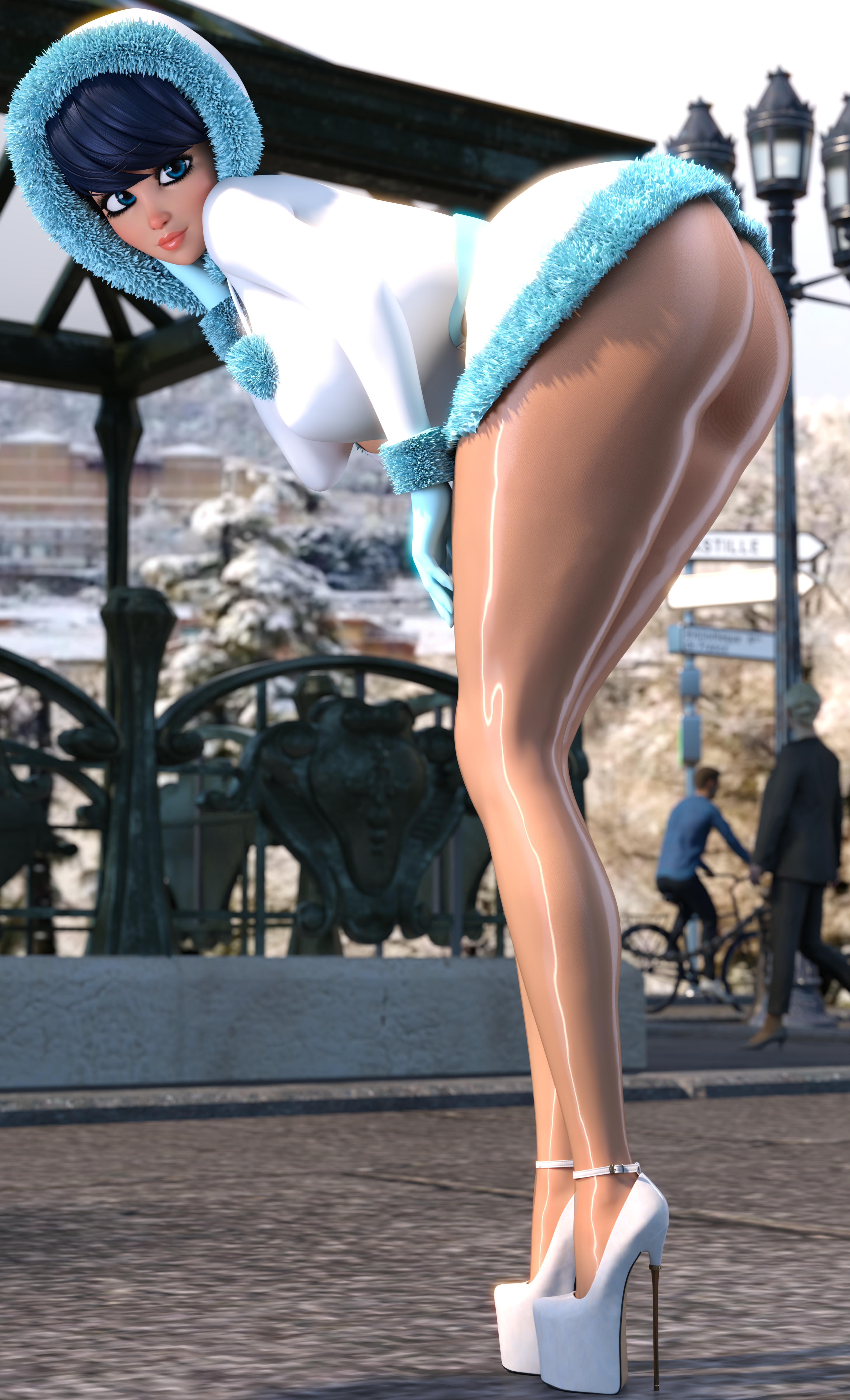 1girls, 2025, 3d, alternate body type, bending over, bimbo body, blue eyes, blue hair, bottomless, clothed, clothed female, coat, detailed background, female, female focus, full body, fur-trimmed coat, gloves, high heels, hooded coat, marinette dupain-cheng, miraculous ladybug, miraculous: tales of ladybug and cat noir, non-nude, outdoors, platform heels, posing, public, ruidx, skimpy, skimpy clothes, solo, tagme, winter clothes