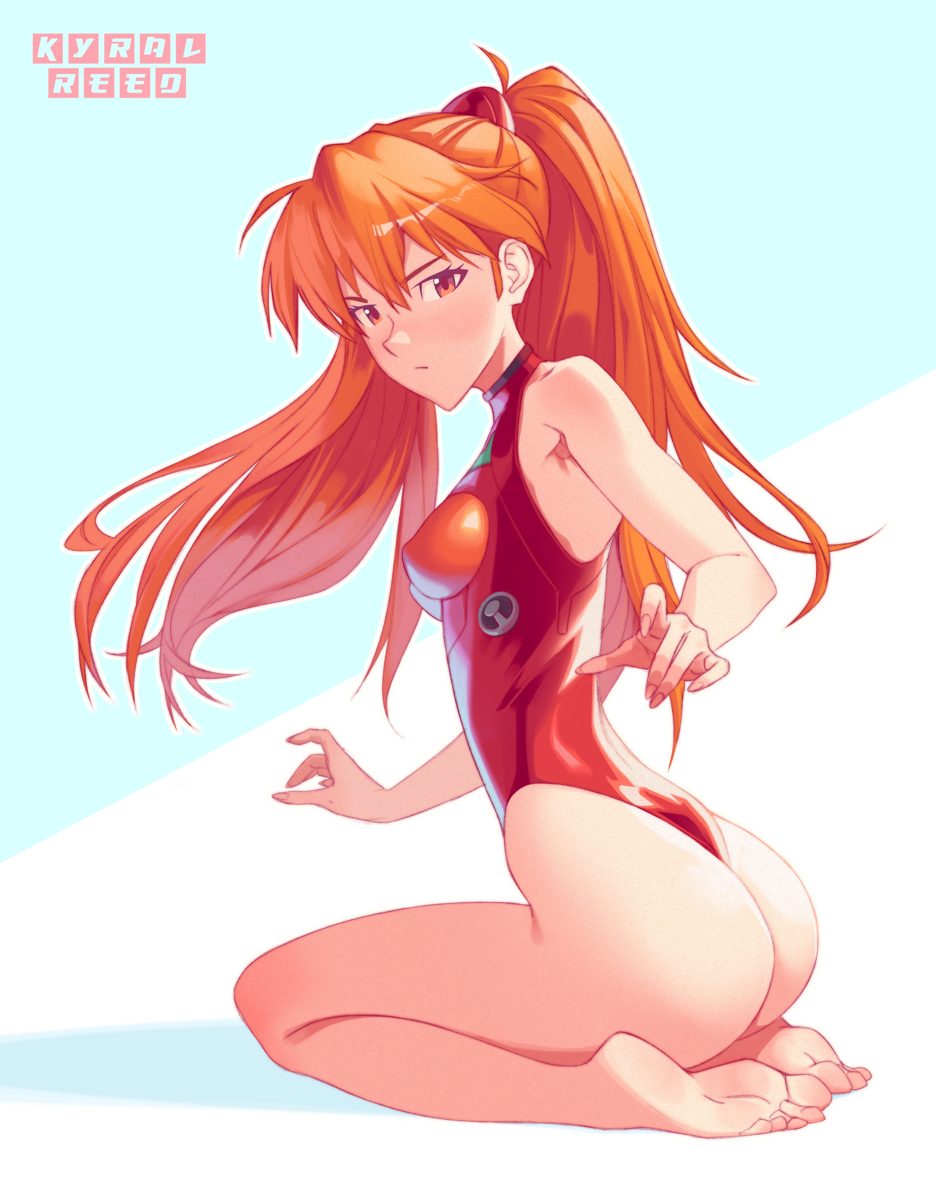 1girls, 2d, ass, asuka langley sohryu, breasts, feet, female, female only, hair, kyralreed, leotard, looking at viewer, medium breasts, neon genesis evangelion, orange eyes, orange hair, plugsuit, red leotard, solo, solo female, thighs, tight clothing, twintails
