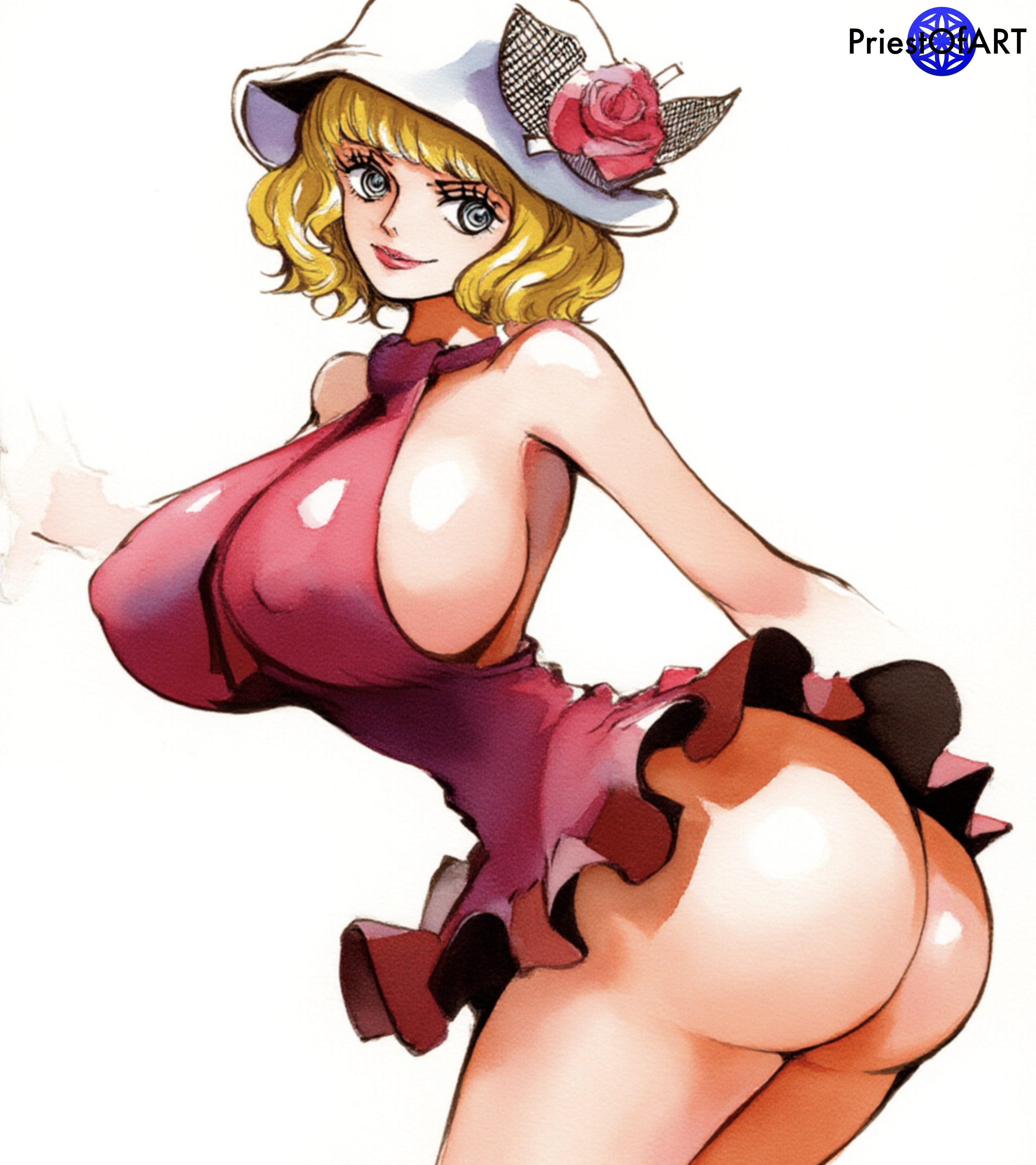 1girls, ai generated, big breasts, blonde female, blonde hair, blonde-haired female, breasts, busty, clothing, color, curvy, curvy female, curvy figure, dress, female, female only, from side, hat, huge breasts, one piece, priestofart, short hair, simple background, solo, solo female, solo focus, stussy (one piece), tagme, tagme (artist), thick thighs, watercolor, watermark, white background, wide hips