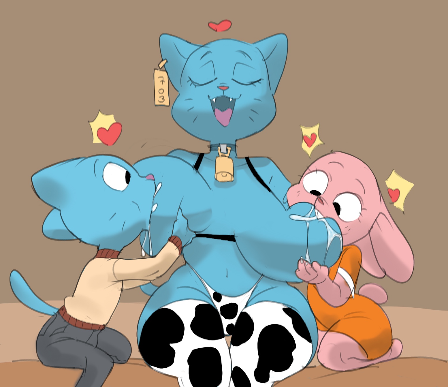 1boy, 2girls, anais watterson, breast feeding, breast sucking, breasts, cartoon network, color, colored, colored sketch, dbaru, double breast sucking, family nursing, female, furry, gumball watterson, incest, lactation, male, mother and children, mother and daughter, mother and son, nicole watterson, sketch, sucking, sucking nipples, the amazing world of gumball, third-party edit