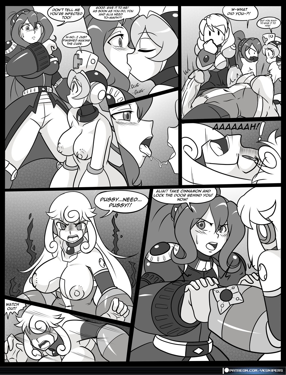 1futa 2d 4girls alia big_breasts blush breasts cinnamon_gaudille comic dialogue english_text female futa_on_female futanari greyscale intersex iris_-another-_(mega_man) kissing long_hair marino mega_man mega_man_x mega_man_x_dive monochrome open_mouth page_6 text tongue_out vcampan white_gloves