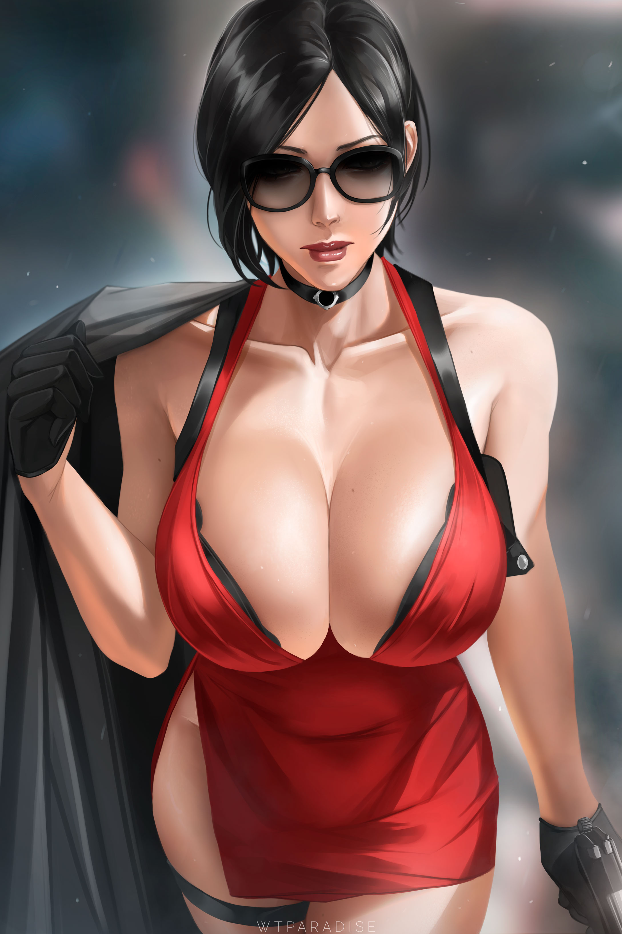 absurdres, ada wong, artist name, bare shoulders, black bra, black choker, black gloves, black hair, black-framed eyewear, blurry, blurry background, bra, breasts, choker, cleavage, closed mouth, collarbone, commentary request, dress, english commentary, female, female only, from above, gloves, gun, half gloves, handgun, highres, holding, holding gun, holding jacket, holding unworn clothes, holding weapon, holster, jacket, large breasts, parted bangs, red dress, red lips, resident evil, short dress, short hair, shoulder holster, side slit, solo, strapless, strapless dress, sunglasses, thigh strap, tinted eyewear, underwear, unworn jacket, weapon, wtparadise