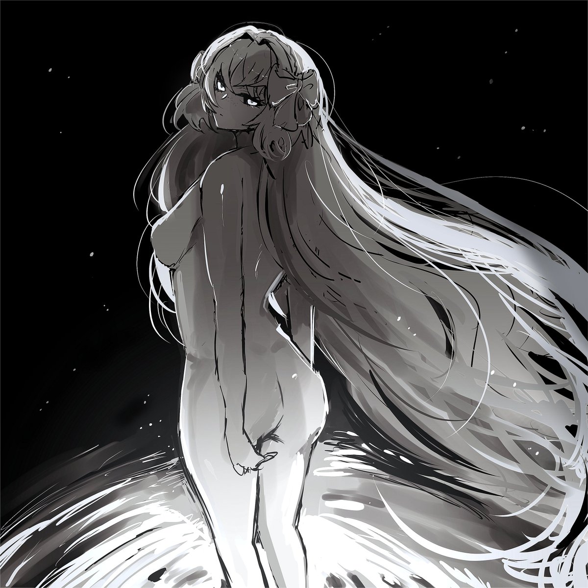 1girls, 2d, ass, breasts, female, highres, in water, ishmael (limbus company), kisaaka, limbus company, long hair, monochrome, naked, naked female, project moon, standing position, thighs, water