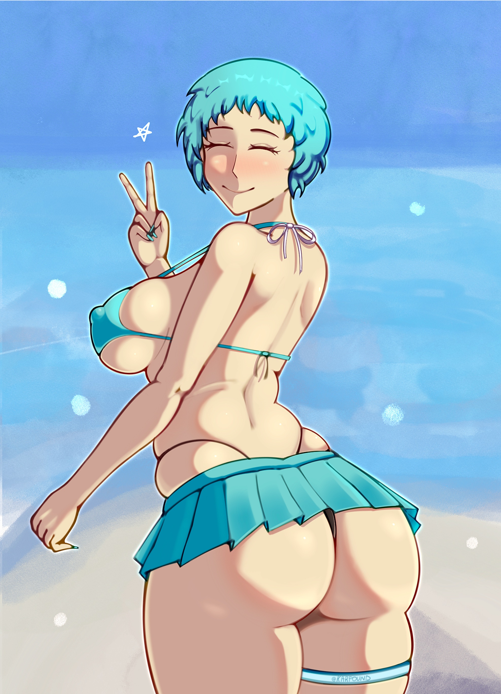 1girls, 2d, abstract background, alternate version available, artist name, ass, atlus, beach, big ass, big breasts, bikini, bikini bottom, bikini skirt, bikini top, blue bikini, blue clothing, blue hair, blue nail polish, blue nails, blue skirt, blush, bottomwear, breasts, bubble ass, bubble butt, caked up, closed eyes, closed mouth, closed mouth smile, erect nipples under clothes, facing back, facing viewer, female, female only, fuuka yamagishi, hair, happy, karfound, long fingernails, long nails, miniskirt, nail polish, nails, ocean background, ocean horizon, oceanside, paag, painted fingernails, painted nails, peace sign, persona, persona 3, posterior cleavage, revealing clothes, seaside horizon, short hair, short skirt, skirt, smile, smiling at viewer, solo, spankable ass, star, swimsuit, teal hair, thick thighs, thigh strap, thighs, thong, thong panties, thong straps, topwear, v, v sign, victory sign, yamagishi fuuka