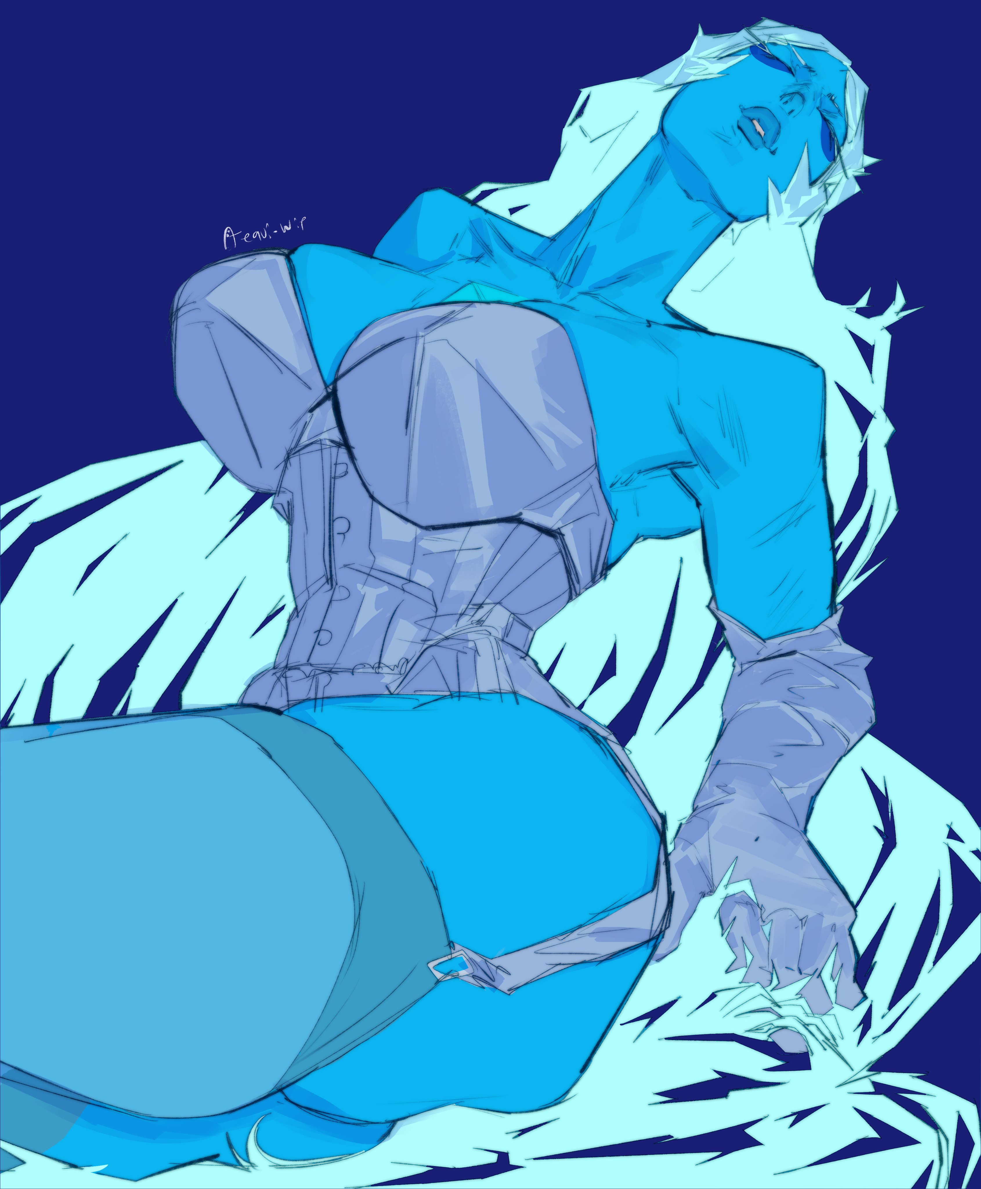 2d, blue diamond (steven universe), blue hair, blue skin, breasts, closed eyes, corset, elbow gloves, female, full color, garter straps, large breasts, lips, long hair, long neck, no penetration, sitting, solo, solo female, steven universe, teguimor, thighhighs