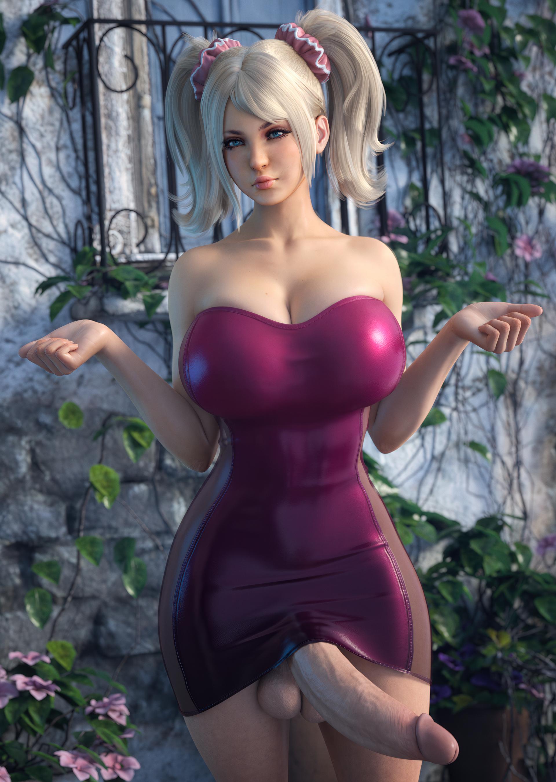 1futa, 3d, big breasts, big penis, blonde female, breasts, busty, casual erection, casual exposure, casual nudity, dress, futa only, futanari, huge breasts, huge cock, huge thighs, ineffective clothing, intersex, juliet starling, lollipop chainsaw, massive penis, mostly clothed, penis, pink dress, solo, stevencarson, thick thighs, tight dress