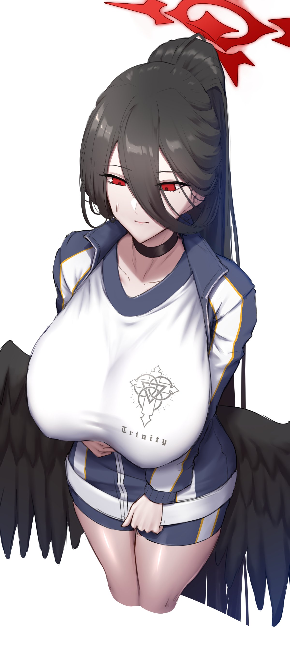absurdres, black choker, black hair, blue archive, blue jacket, blush, breasts, choker, collarbone, commentary, covered nipples, cropped legs, embarrassed, female, female only, gym shorts, gym uniform, hair between eyes, halo, hasumi (blue archive), hasumi (track) (blue archive), highres, huge breasts, jacket, long hair, long sleeves, low wings, mole, mole under eye, multicolored jacket, official alternate costume, ponytail, red eyes, shiroshisu, shorts, simple background, sketch, solo, sweat, two-tone jacket, white background, white jacket, wings, zipper