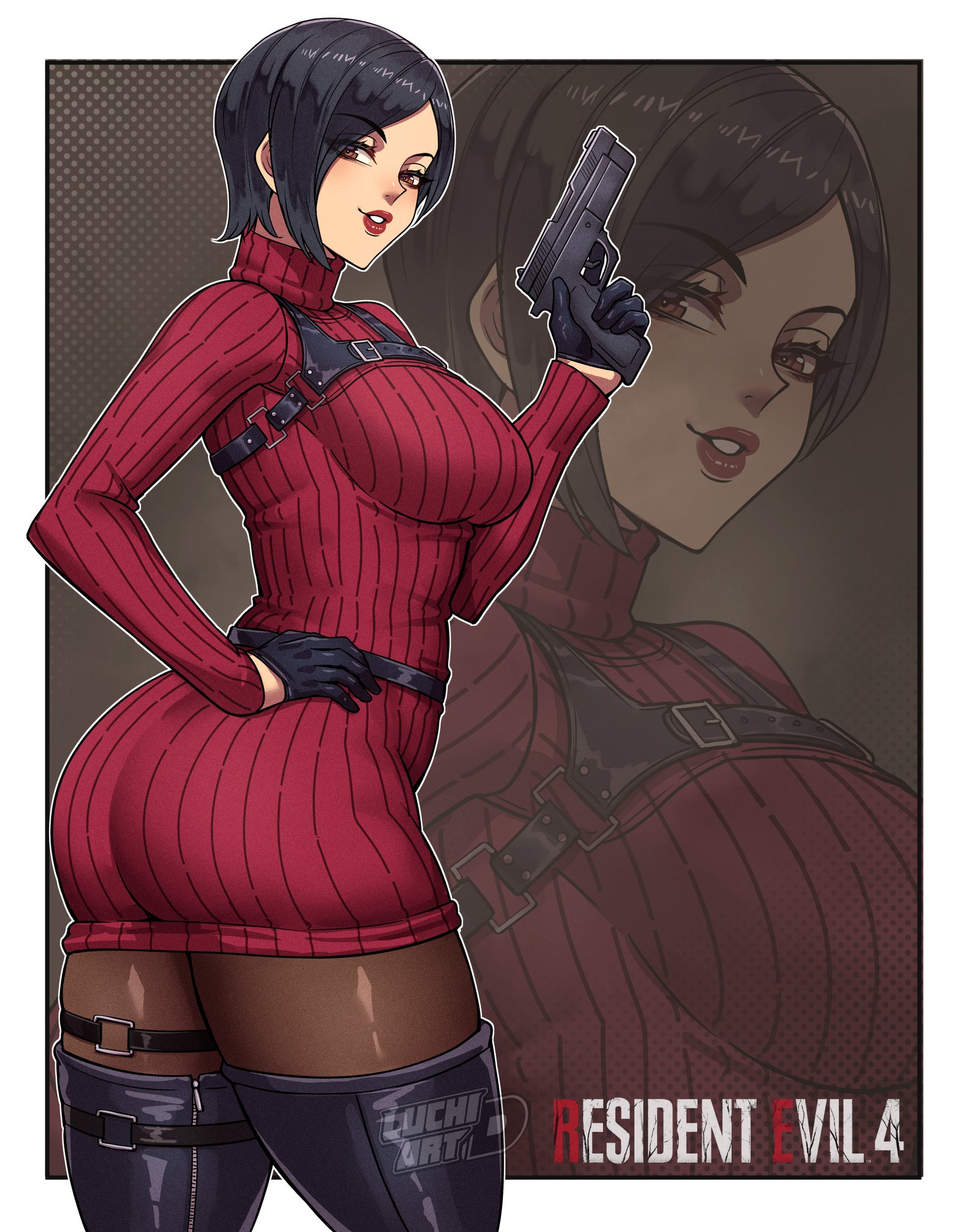 1girls, ada wong, belt, big ass, big breasts, black gloves, black hair, breasts, brown eyes, capcom, female, female only, gloves, gun, hand on hip, handgun, holding gun, holding weapon, holster, large breasts, luchidart, pistol, resident evil, resident evil 4, resident evil 4 remake, ribbed sweater, short hair, solo, sweater, thigh holster, thigh strap, thighhighs, trigger discipline, weapon, zoom layer
