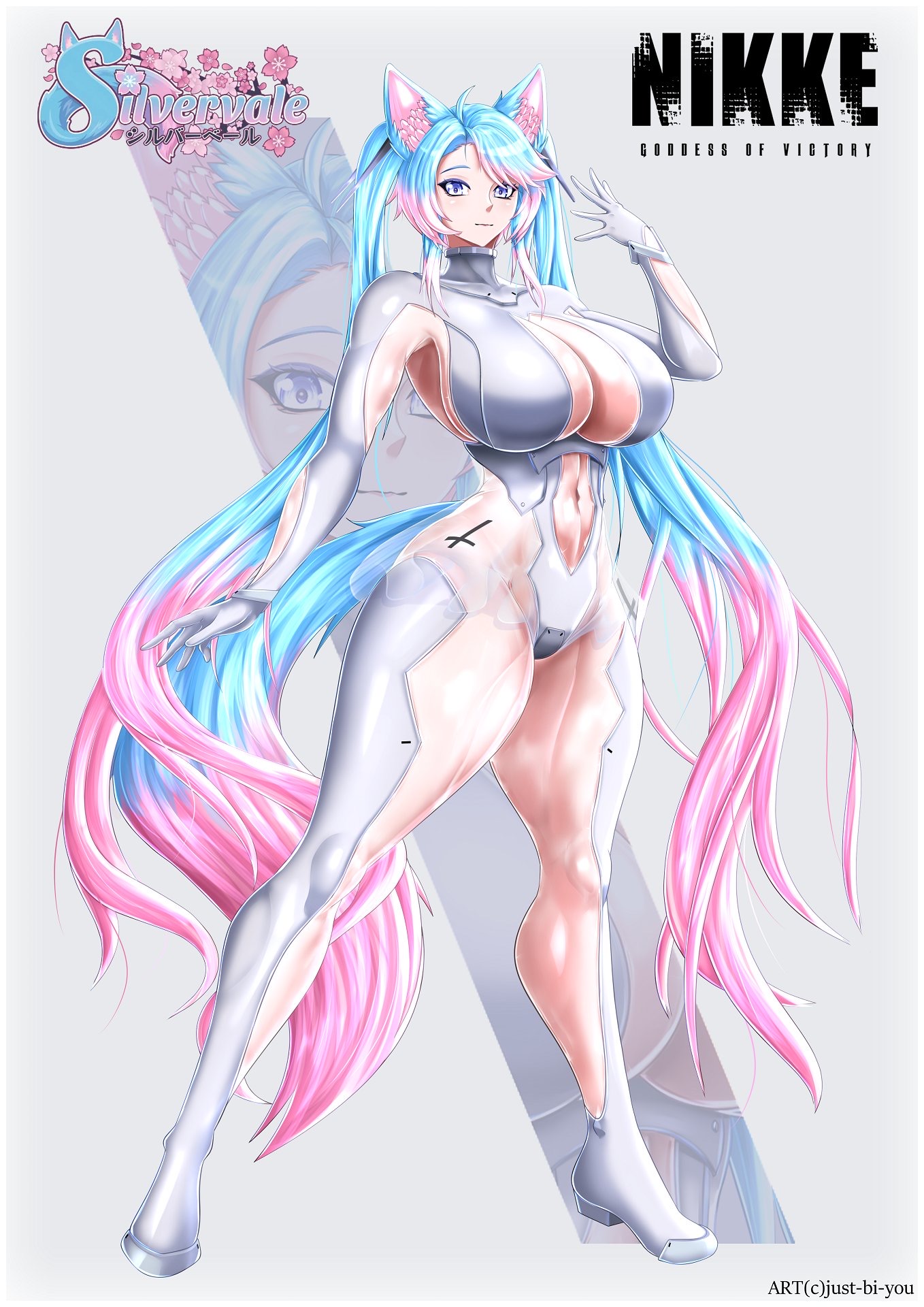 1girls, big thighs, blue hair, breasts, cinderella (nikke), cinderella (nikke) (cosplay), cleavage cutout, cleavage dress, exposed stomach, exposed thighs, female, flower in hair, goddess of victory: nikke, grey eyes, huge breasts, indie virtual youtuber, just-bi-you, pink hair, silvervale, stomach cutout, thigh cutout, transparent clothing, transparent skirt, twintails, two-tone hair, virtual youtuber, white dress, wolf ears, wolf girl, wolf tail