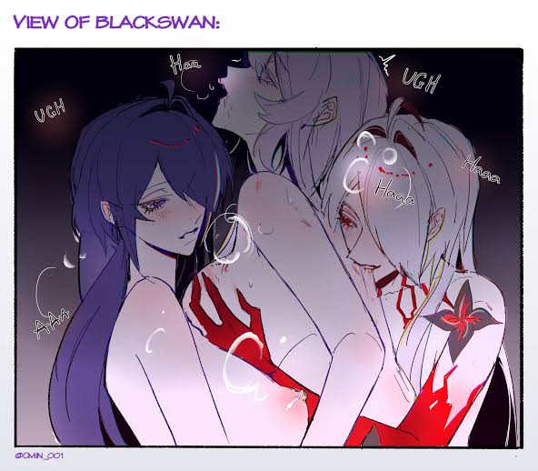 3girls, acheron (honkai: star rail), bite, bites, biting, black swan (honkai: star rail), breast grab, breasts, breasts out, breath, breath cloud, breathing, female, honkai: star rail, hoyoverse, moaning, navy blue hair, purple hair, white hair, yuri