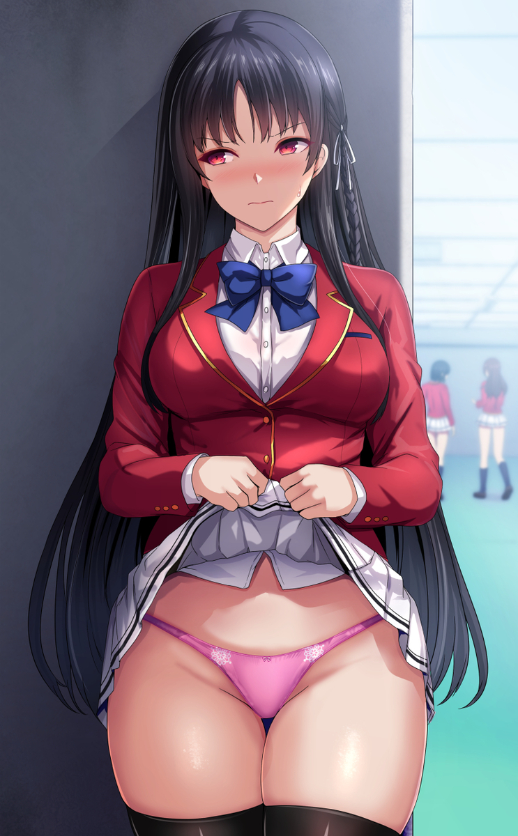 3girls advanced_nurturing_high_school_uniform averting_eyes black_hair black_thighhighs blue_bow blue_bowtie blush bow bowtie clothes_lift daiaru flashing highres horikita_suzune jacket lifting_own_clothes long_hair miniskirt multiple_girls outdoors panties pantyshot pink_panties pleated_skirt pubic_hair public_indecency pussy raised_eyebrows red_eyes red_jacket school_uniform shirt skirt skirt_lift solo_focus thighhighs very_long_hair white_shirt white_skirt youkoso_jitsuryoku_shijou_shugi_no_kyoushitsu_e