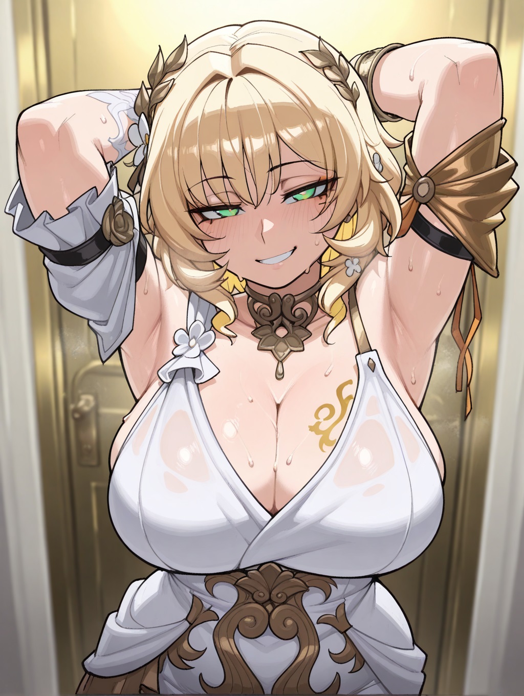 1girls, aglaea (honkai: star rail), ai generated, armpit fetish, armpits, arms behind head, arms up, astralgazer, bare shoulders, blonde hair, breasts, cleavage, female, female focus, greek clothes, green eyes, hair ornament, honkai: star rail, large breasts, seductive, seductive look, short hair, steam, steaming body, sweat, sweatdrop, tattoo on breast, voluptuous, voluptuous female, white dress
