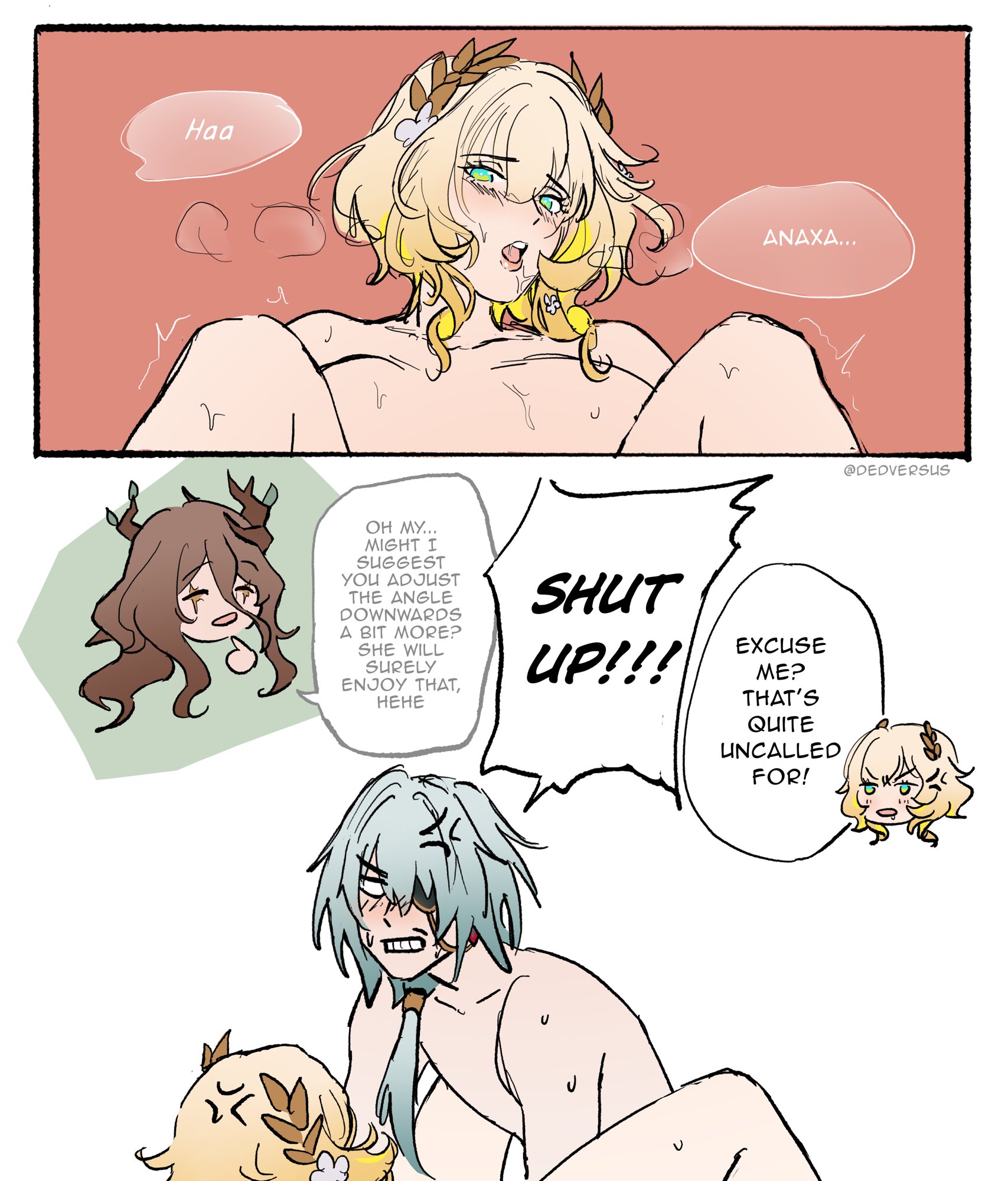 1boy, 2girls, aglaea (honkai: star rail), ambiguous penetration, anaxa (honkai: star rail), blonde female, blonde hair, blue eyes, blush, color, colored, comic, completely naked, completely nude, dedversus, dialogue, digital drawing (artwork), digital media (artwork), drooling, english, english commentary, english dialogue, english text, female, female focus, female human, female penetrated, hetero, honkai (series), honkai: star rail, hoyoverse, human, implied sex, light skin, light-skinned female, light-skinned male, looking at another, looking at partner, looking pleasured, looking up, male, male penetrating, male penetrating female, male/female, meme, mihoyo, missionary position, naked, naked female, naked male, nude, nude female, nude male, panting, pleasure face, short hair, speech bubble, spikes, spread legs, straight, sweat, sweatdrop, text, tied hair, trembling, white body