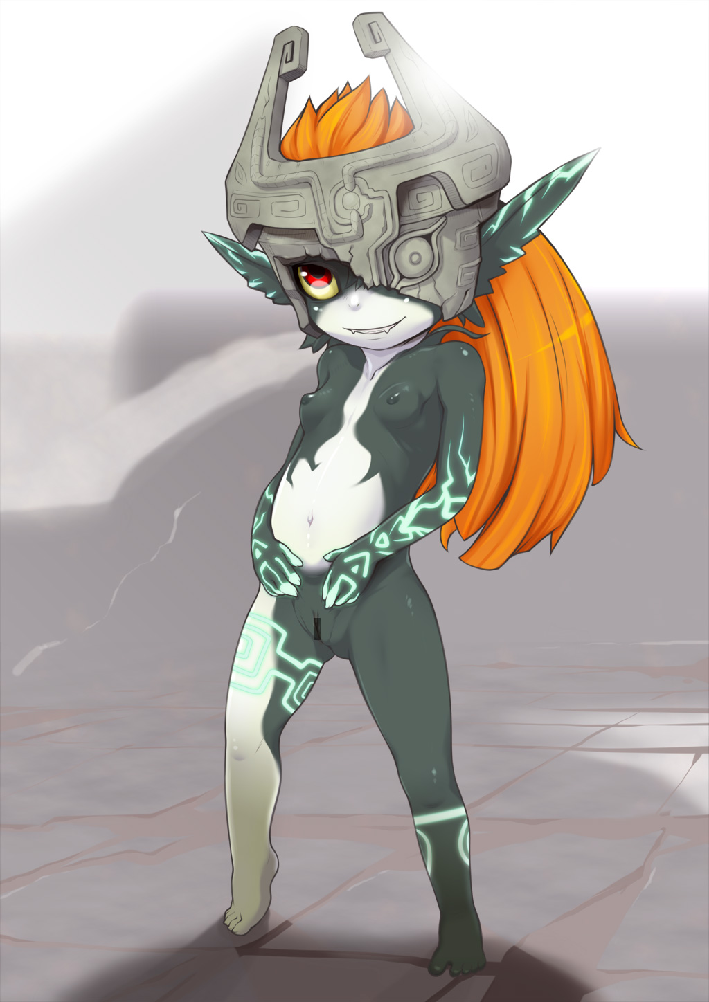 bar_censor black_skin censored dark_nipples fangs female full_body hair headgear helmet highres horned_helmet imp imp_midna j7w long_hair midna navel neon_trim nipples nude one_eye_covered orange_hair pointless_censoring pointy_ears pussy red_eyes small_breasts solo standing the_legend_of_zelda tiptoes toes twilight_princess two_tone_skin white_skin yellow_sclera