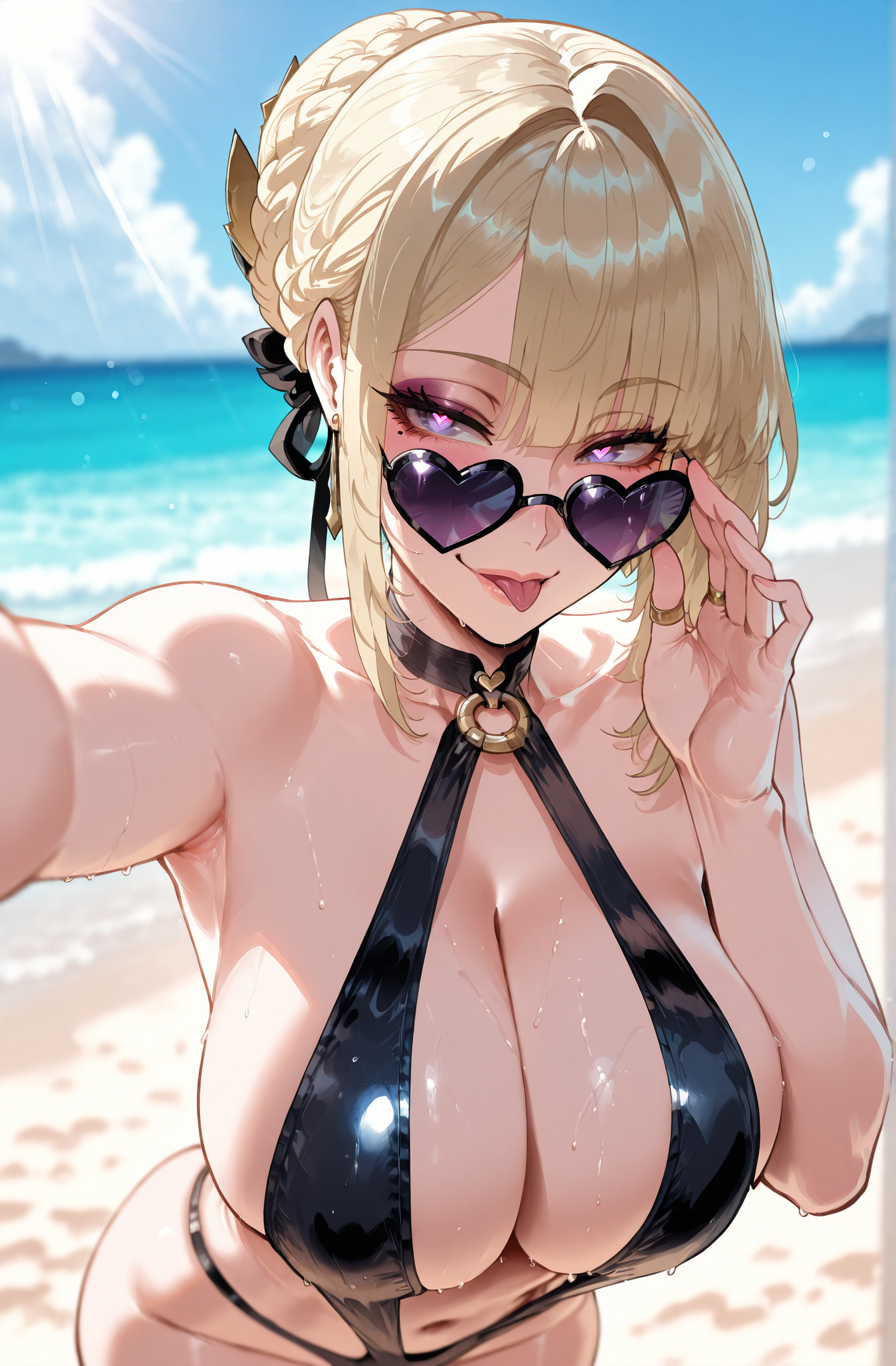 1girls, adjusting eyewear, ai generated, armpits, bangs, bare shoulders, beach, bikini, black bikini, black one-piece swimsuit, black ribbon, black swimsuit, blonde hair, blue sky, blush, braid, breasts, choker, clavicle, cleavage, clothing, cloud, collarbone, curvaceous, curvaceous female, curvaceous figure, curvy, curvy figure, day, earrings, evelyn chevalier, eyewear, eyewear on head, female, female focus, female only, hair bun, hair ornament, hair ribbon, halterneck, heart, heart-shaped eyewear, heart-shaped pupils, hoyoverse, huge breasts, jewelry, large breasts, lips, looking at viewer, looking over eyewear, miyuai, mole, mole under eye, nail polish, navel, o-ring, ocean, one-piece swimsuit, outdoors, palm tree, parted lips, presenting, presenting breasts, presenting self, purple eyes, purple-tinted eyewear, reaching towards viewer, ribbon, ring, sand, selfie, sidelocks, skindentation, sky, smile, solo, standing, stomach, string bikini, sunglasses, sunlight, sweat, swimsuit, symbol-shaped pupils, thighs, tongue, tongue out, voluptuous, voluptuous female, water, wet, zenless zone zero