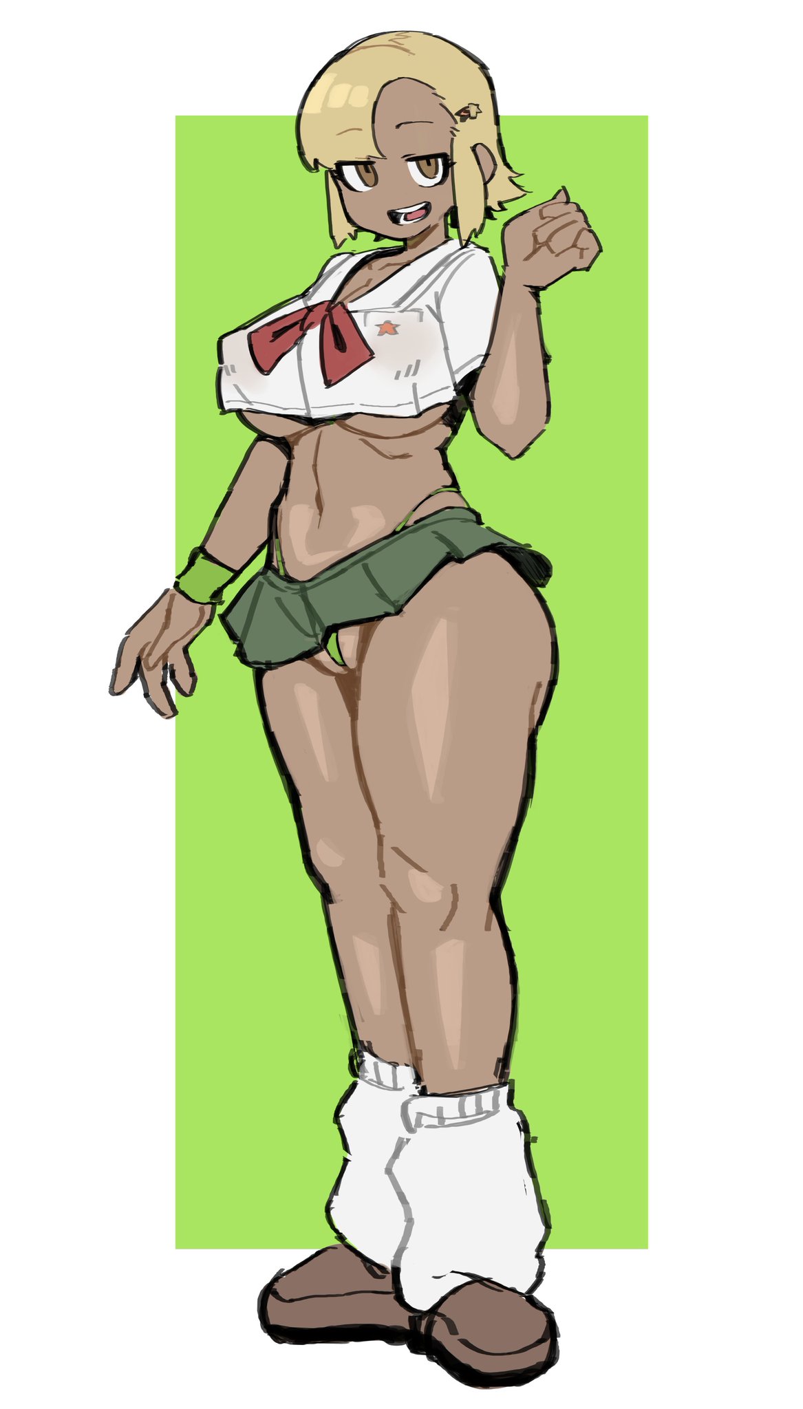 1girls, 2d, 2d (artwork), 2d artwork, angol mois, blonde female, blonde hair, dark skin, dark-skinned female, female, female focus, female only, gal, gyaru, hairclip, keroro gunsou, legwarmers, looking at viewer, mctamagomaki, miniskirt, no bra, school uniform, schoolgirl, schoolgirl uniform, tanned, tanned female, tanned skin, thong