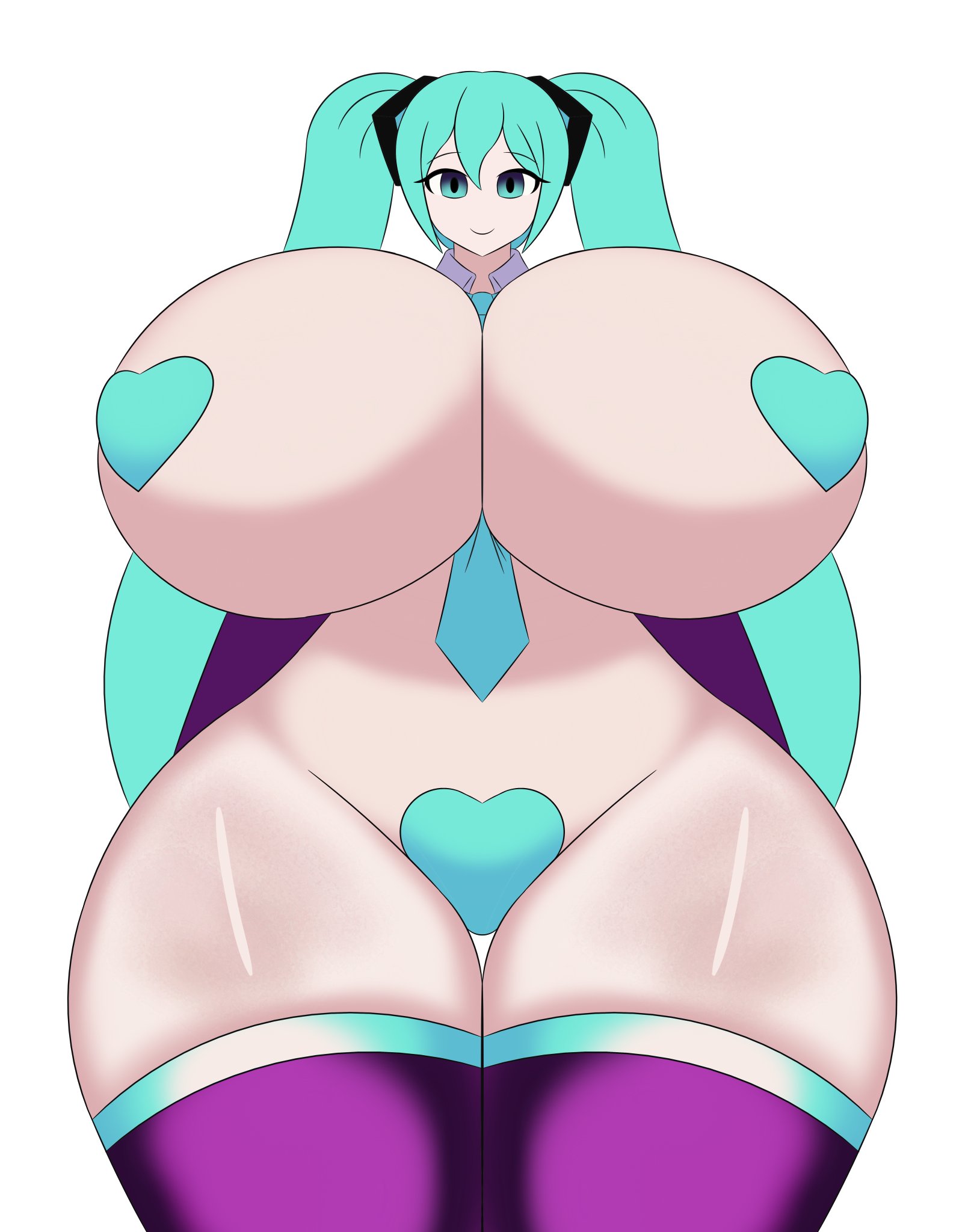1girl, alternate breast size, aqua eyes, aqua hair, between breasts, big breasts, breasts, curvy, delete alliance, fat, fat ass, female, hatsune miku, heart pasties, huge breasts, huge thighs, hyper, hyper breasts, hyper hourglass, hyper thighs, long hair, looking at viewer, maebari, massive breasts, mob face, necktie, necktie between breasts, pasties, purple thighhighs, simple background, smile, solo, thick thighs, thighhighs, thighs, twintails, unrealistic proportions, very long hair, vocaloid, white background, wide hips