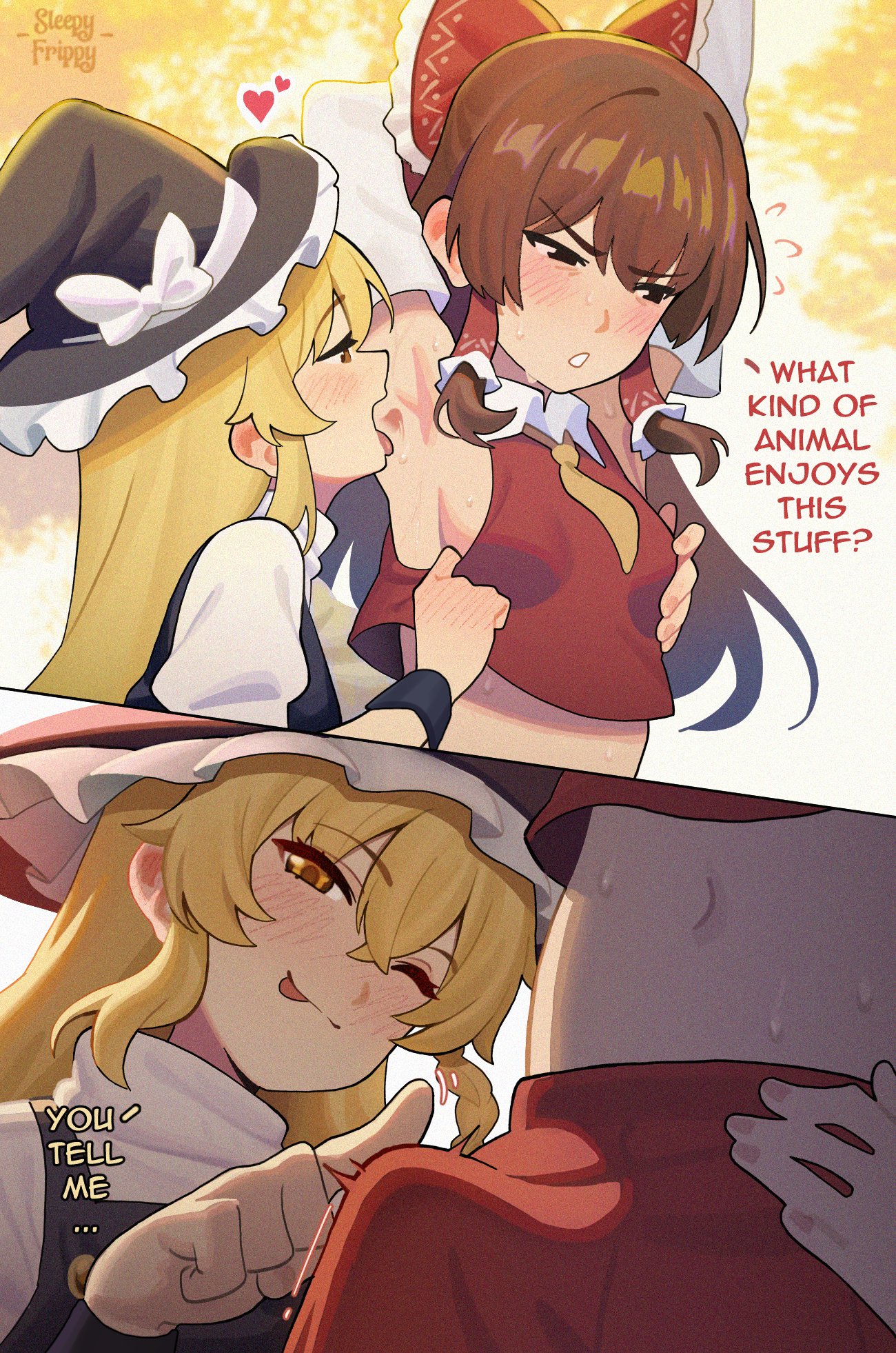 1futa, 1girls, 2025, armpit fetish, armpits, arms up, blonde hair, breasts, brown hair, clothed, clothing, english dialogue, english text, erection, erection under clothes, female, fully clothed, futanari, human, intersex, licking armpit, light skin, light-skinned female, light-skinned futa, marisa kirisame, penis, penis under skirt, reimu hakurei, sleepy frippy, small breasts, standing, team shanghai alice, teasing, tenting, touhou
