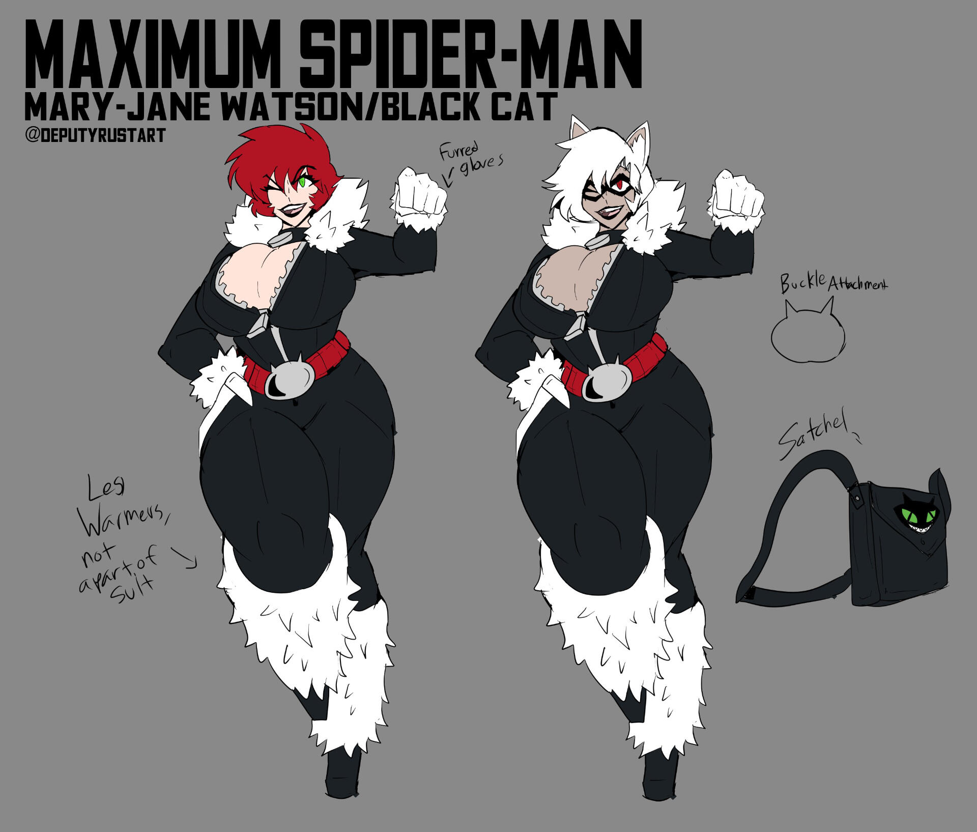 1girls, 2023, big breasts, black cat (cosplay), bodysuit, boots, breasts, breasts bigger than head, cat ears, catsuit, cleavage, deputyrust, female, gloves, green eyes, hourglass figure, hourglass figured female, leg warmers, marvel, marvel comics, mary jane watson, red eyes, red hair, redesign, redhead female, redhead hair, redheaded female, short hair, spider-man (series), thick, thick thighs, tomboy, unzipped, unzipped bodysuit, unzipping bodysuit, white hair