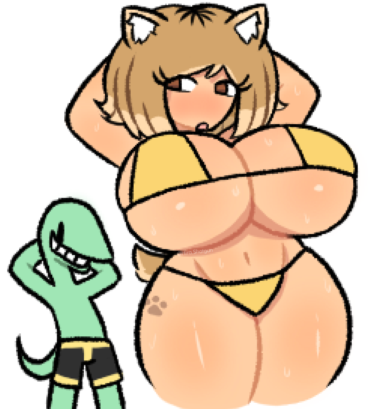 1boy 1girls 2d 2d_(artwork) 2d_artwork big_breasts bikini bikini_bottom bikini_top boxers_(clothing) breasts breasts_bigger_than_head canine curvaceous curvy curvy_body curvy_female curvy_figure cute cute_face cute_female cute_girl dinosaur dog_ears dog_girl dog_tail green_body green_skin hands_behind_head hira.shotgun huge_breasts large_breasts light-skinned_female light_brown_hair light_skin looking_at_another looking_back mimicking paw_print shiba_(hira.shotgun) shiba_inu shiba_inu_humanoid shiny shiny_body shiny_breasts shiny_butt shiny_skin smile smiling smiling_at_another smiling_male tattoo tattoo_on_hips thick thick_female thick_thighs unique_style voluptuous voluptuous_female yellow_bikini