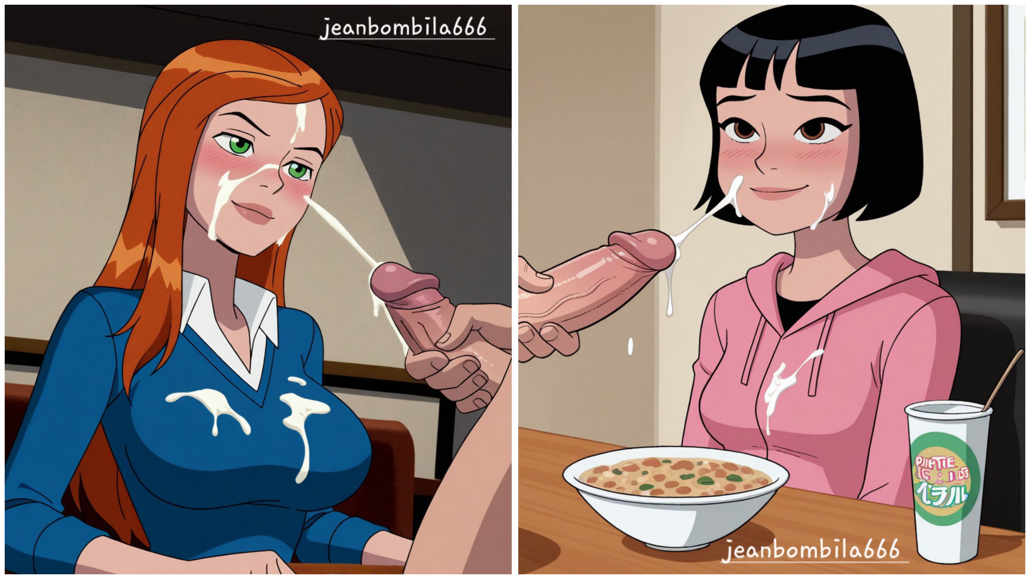 2girls, ai generated, ben 10, ben 10 alien force, ben 10 ultimate alien, blowjob, cartoon network, cum, cum in mouth, cum on face, cumshot, female, gwen tennyson, gwen tennyson (alien force), gwen tennyson (ultimate alien), jeanbombila666, julie yamamoto, male, multiple females, multiple girls, penis