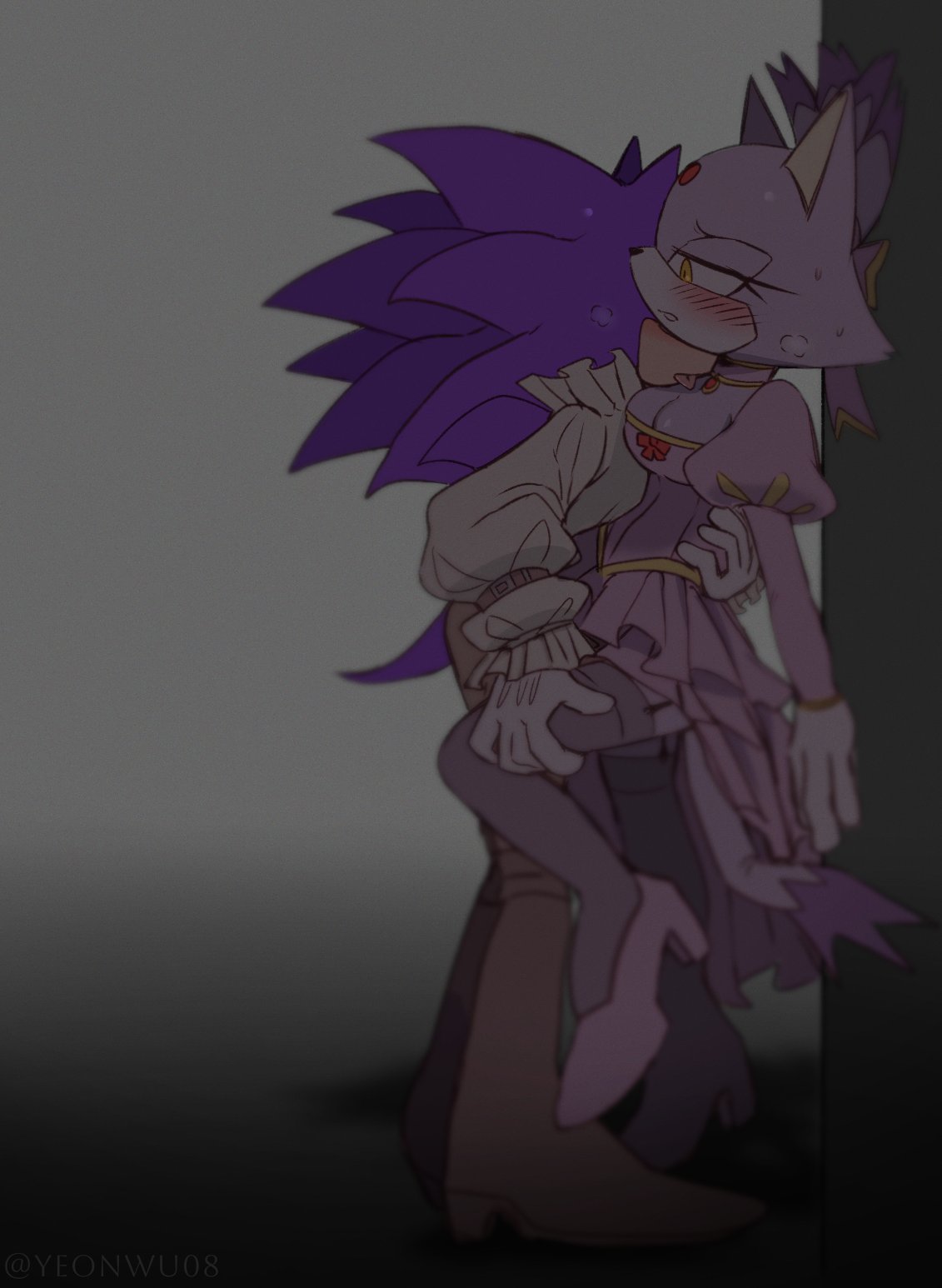 1boy1girl against_wall anthro anthro_female anthro_male big_breasts blaze_the_cat cleavage dress female horny_male imminent_sex licking male nervous romantic romantic_couple sega sonic_(series) sonic_the_hedgehog sweating teasing yeonwu22