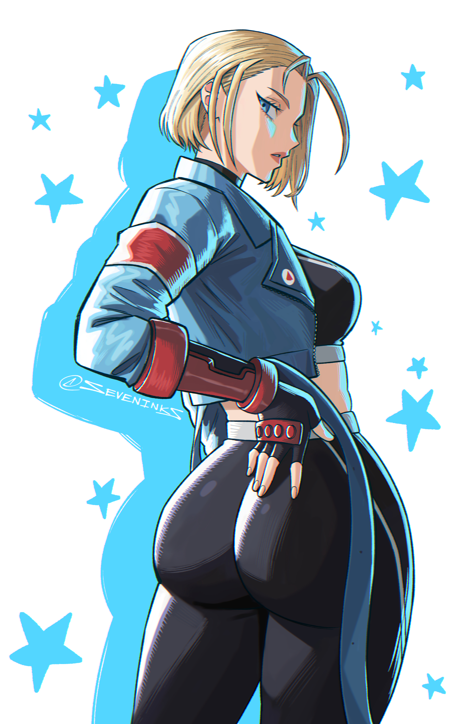 1girls, absurdres, artist name, ass, black gloves, black leggings, black sports bra, blonde hair, blue eyes, blue jacket, breasts, cammy white, commentary, drop shadow, female, female only, fingerless gloves, from behind, gloves, hair behind ear, hand on own hip, highres, jacket, leggings, looking at viewer, looking back, medium breasts, midriff, open clothes, open jacket, pants, parted lips, pink lips, profile, questionable, seveninks, sfw, short hair, solo, sports bra, star (symbol), street fighter, street fighter 6, twitter username, yoga pants