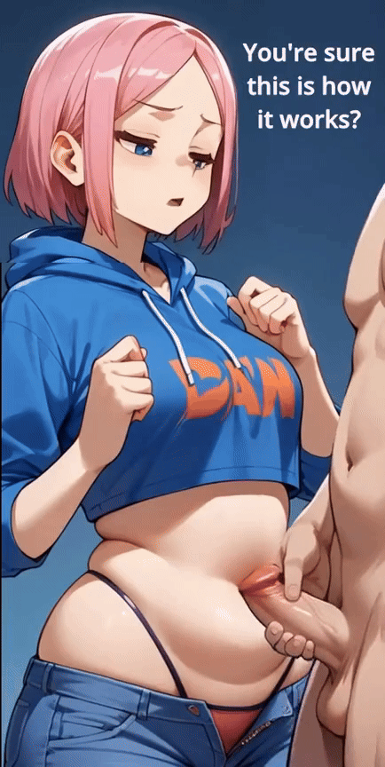 ai generated, animated, balls, belly button, belly button penetration, blue hoodie, clueless, confused, confused expression, confused face, confused look, crop top, cum, cum in navel, ejaculation, english text, erection, galekid(artist), handjob, hands up, male, masturbation, navel, navel fetish, navel penetration, pants down, pants undone, pants unzipped, penis, pink hair, pink thong, question, testicles, thong, uncensored, virgin, virginity