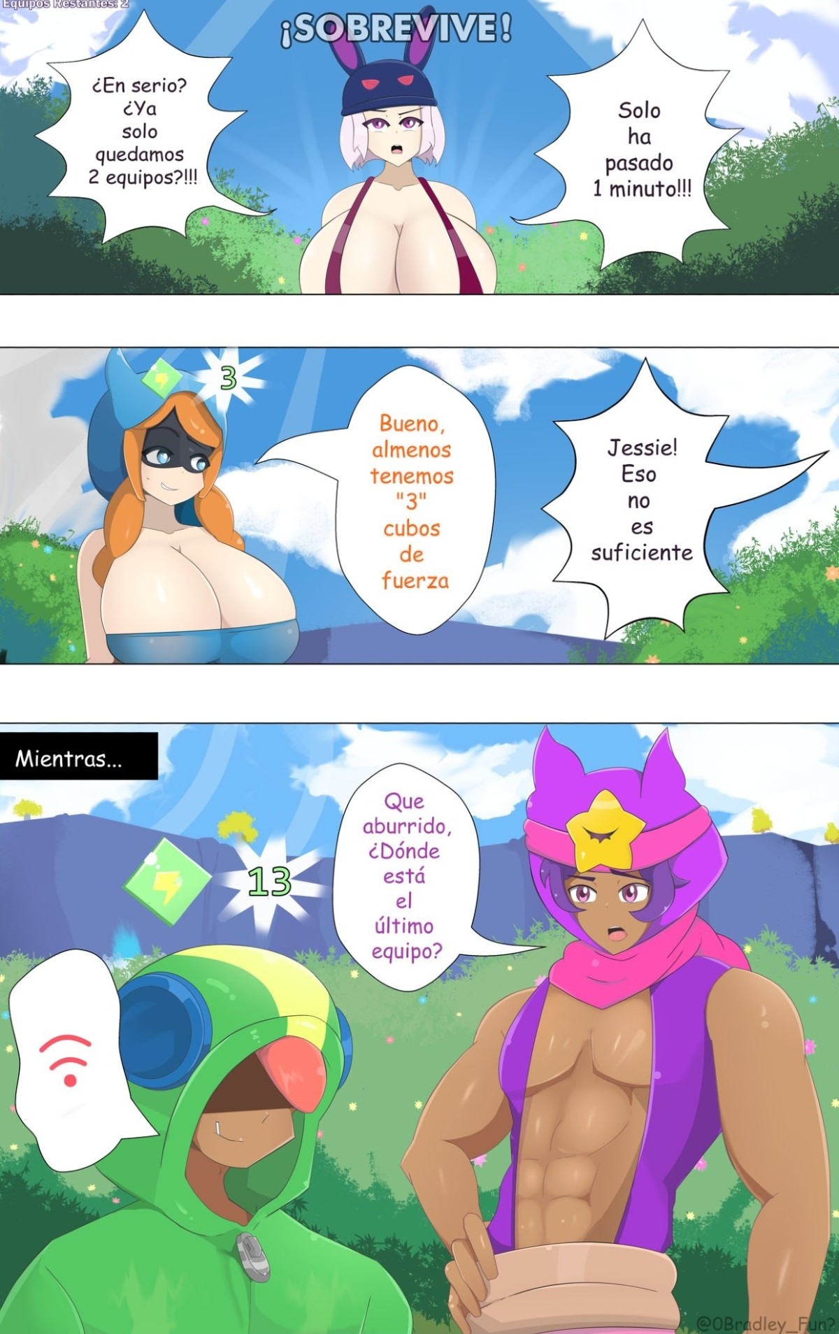 bradleyfun?, brawl stars, cat burglar jessie, dark bunny penny (brawl stars), female, jessie (brawl stars), leon (brawl stars), penny (brawl stars), sandy (brawl stars), spanish text