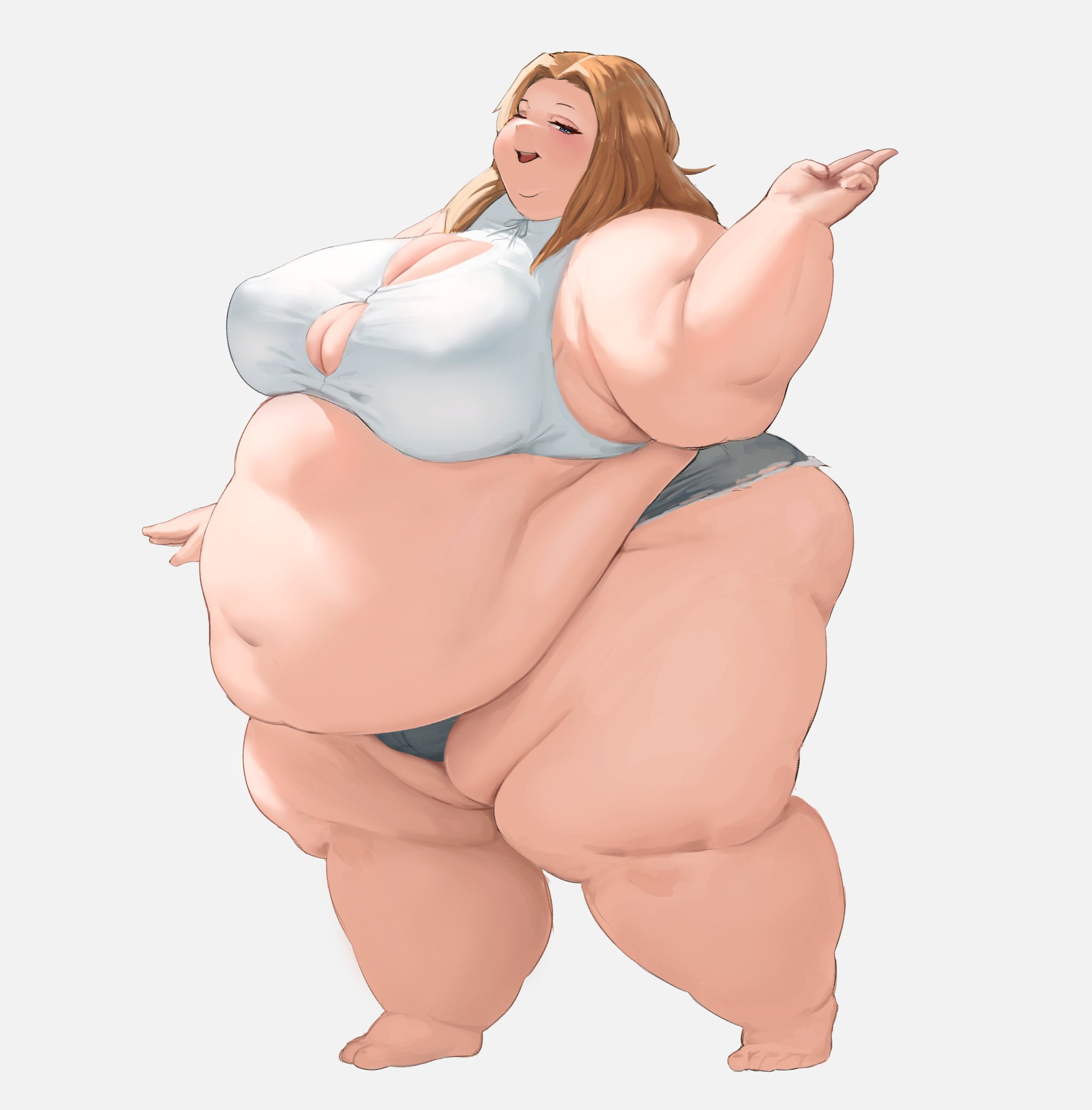 1girls, bbw, belly, belly overhang, cleavage, double chin, fat, fat arms, fat belly, fat face, fat female, fat legs, fat thighs, female, female focus, female only, light skin, light-skinned female, obese, obese female, overweight, overweight female, parted hair, softon, solo, ssbbw, standing, thighhighs, white background, winking