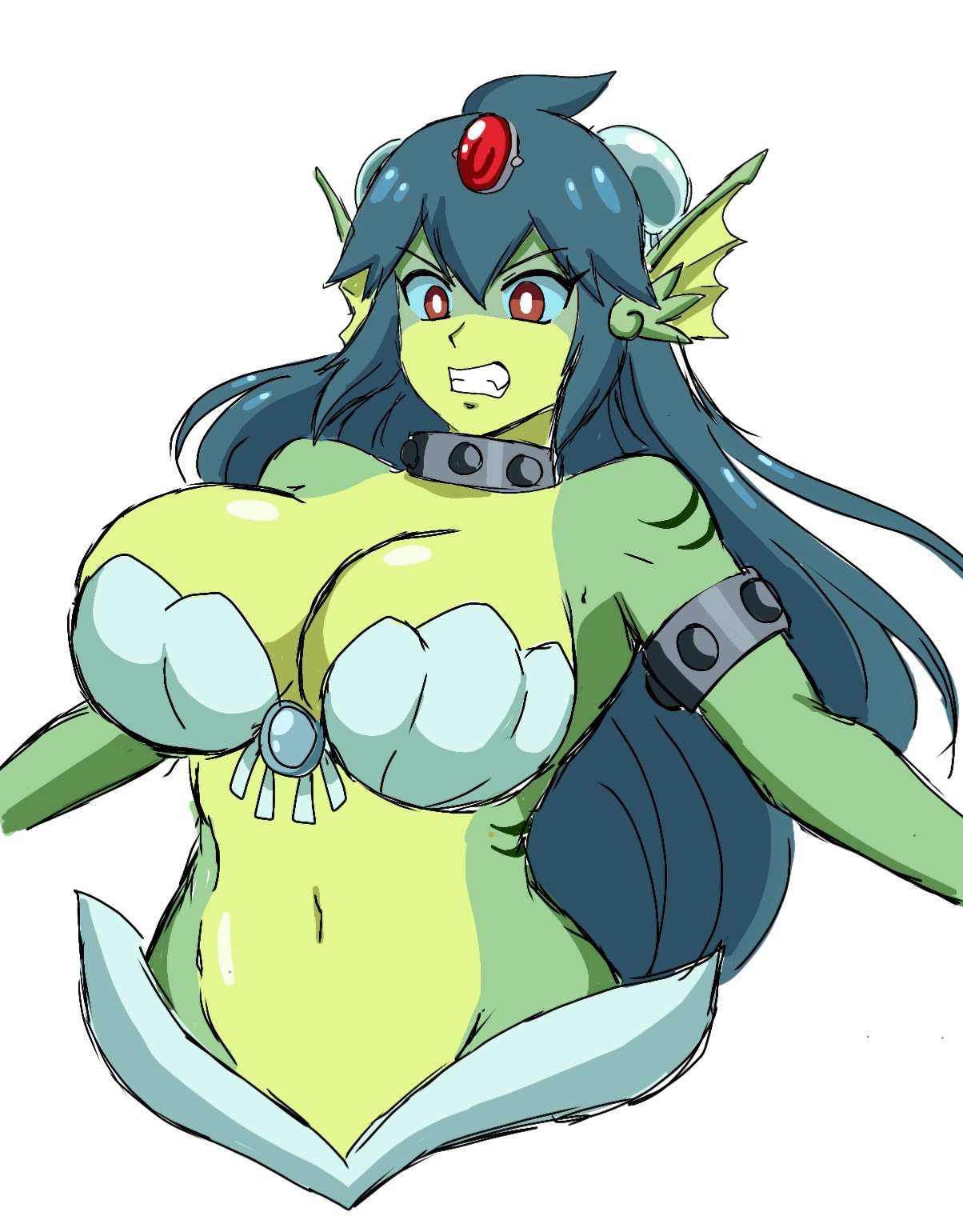 1girls, 2d, 2d (artwork), angry, angry expression, angry face, bare shoulders, breasts, collar, curvy, curvy body, curvy female, curvy figure, dark blue hair, digital media (artwork), feline, female, fins, fish, fish girl, giga mermaid, gills, green body, green skin, hips, long hair, looking at viewer, metal collar, momiji (artist), navel, red eyes, red jewel, shantae, shantae: half-genie hero, shell bikini, shell bra, solo, solo female, solo focus, teeth, teeth showing, two-tone body, two-tone skin, white background