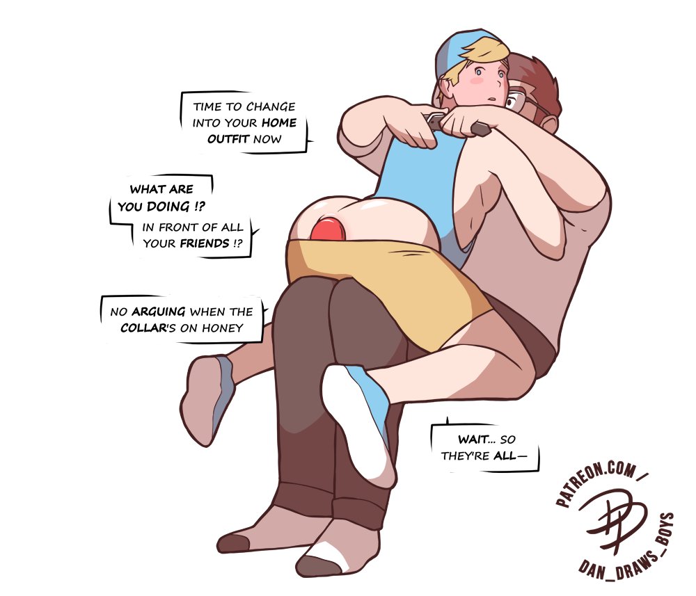 anal, buttplug, collar, dan draws boys, dominant male, english text, gay, giant buttplug, gigantic buttplug, huge buttplug, imminent sex, male, massive buttplug, no visible genitalia, on lap, pants down, putting on collar, sex toy, sex toy in ass, submissive male, white background, yaoi