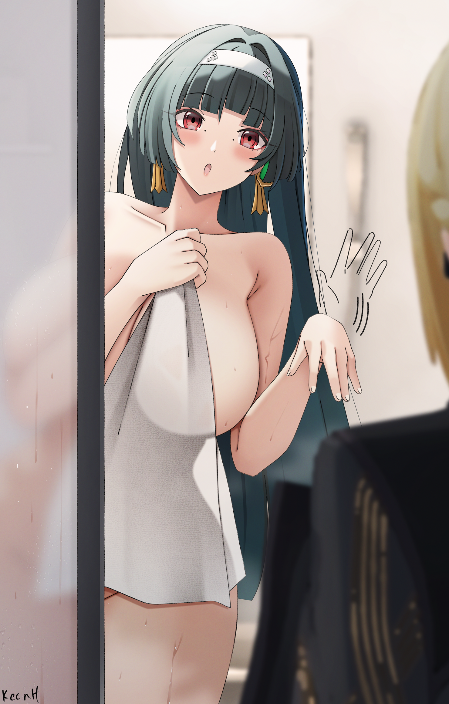 2girls, after bathing, afterimage, astra yao, black hair, blurry, blurry background, blush, breasts, commentary, covering privates, depth of field, earrings, english commentary, evelyn chevalier, female, female only, groin, hairband, highres, holding, holding towel, jewelry, keenh, large breasts, long hair, looking at another, mixed-language commentary, mole, mole under eye, multiple females, multiple girls, nude cover, red eyes, shower (place), solo focus, towel, very long hair, waving, wet, white hairband, zenless zone zero