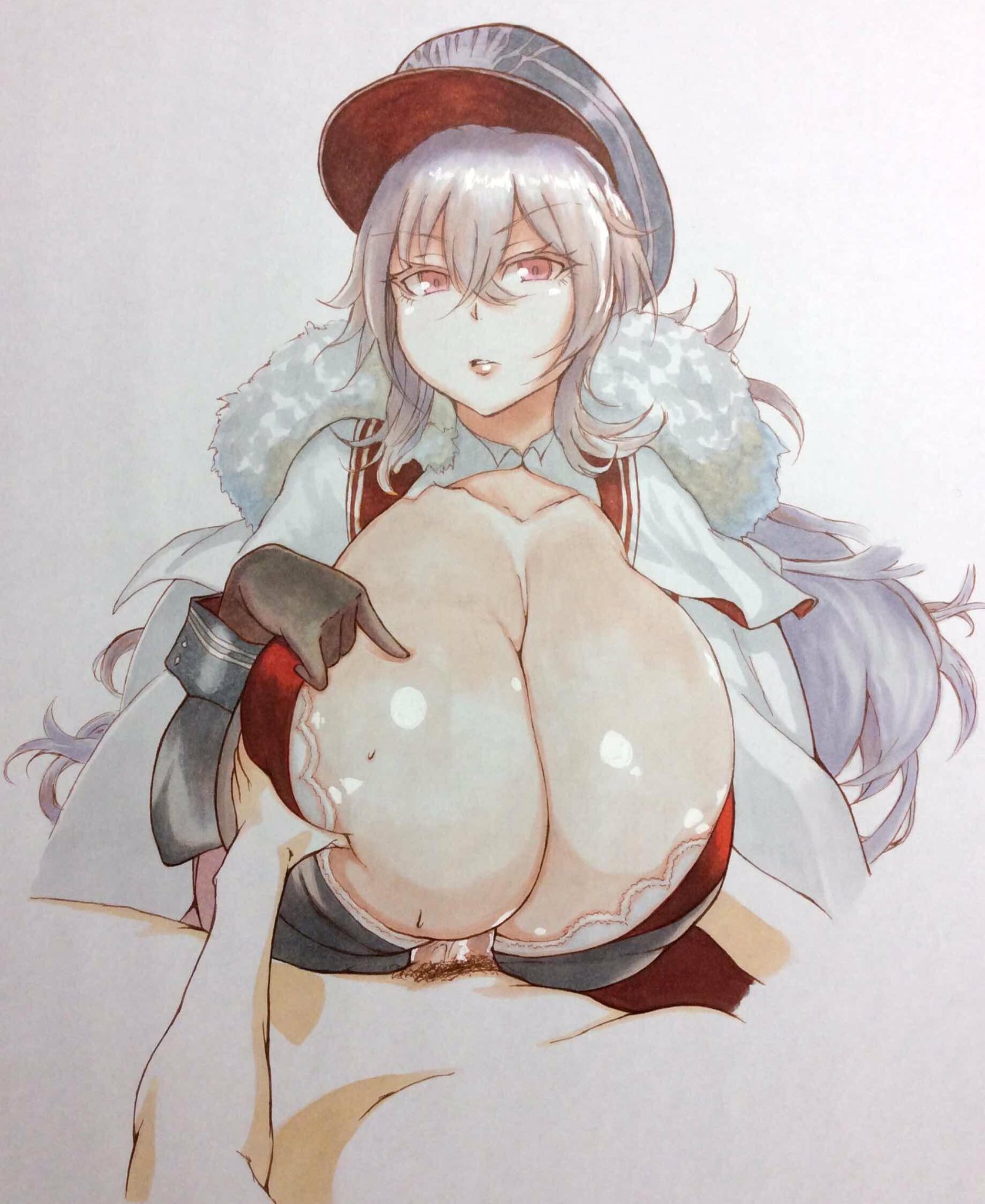 1boy, 1girls, 2d, adocchi (code 01 ado), azur lane, black glove, breast grab, breasts, cap, cleavage, clothed female nude male, engulfing paizuri, eyebrows visible through hair, female, glove, graf zeppelin (azur lane), grey hair, hat, huge breasts, iron blood (azur lane), light skin, light-skinned female, light-skinned male, male, male pubic hair, military cap, military hat, military uniform, paizuri, pink eyes, pubic hair