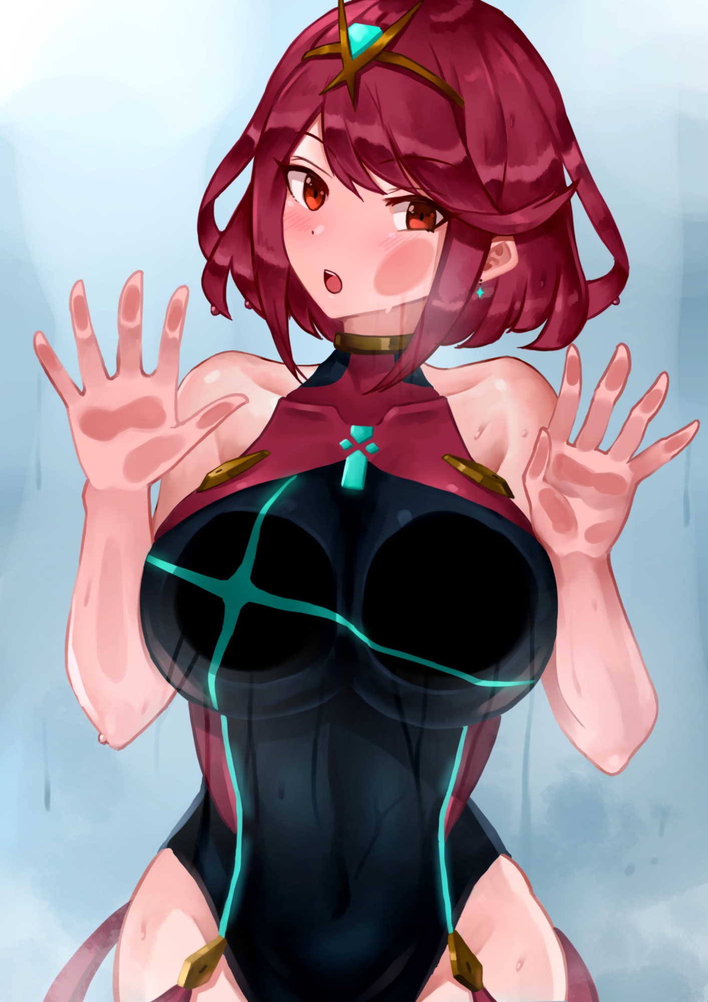 1girls, against glass, bare shoulders, black one-piece swimsuit, blush, bob cut, breast press, breasts, breasts on glass, cheek on glass, chest jewel, collarbone, commentary request, competition swimsuit, condensation, core crystal (xenoblade), covered navel, female, female only, flipped bangs, hand on glass, headpiece, highres, large breasts, looking at viewer, neon trim, official alternate costume, one-piece swimsuit, oniisan02b, open mouth, pyra, pyra (pro swimmer) (xenoblade), red eyes, red hair, red one-piece swimsuit, short hair, solo, steam, swept bangs, swimsuit, tiara, two-tone swimsuit, wet, wet clothes, wet swimsuit, window fog, xenoblade (series), xenoblade chronicles 2, yotsuhauni