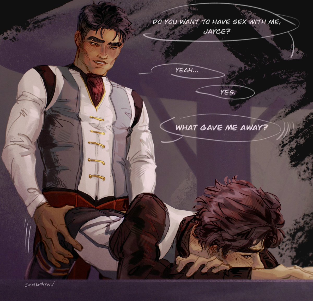 2boys, 2d, 2d (artwork), 2men, academy, arcane, arcane jayce, arcane viktor, arms, ass, ass focus, ass grab, big hands, bigger male, black hair, blush, boys, boys only, bred, breeding, breeding mount, brown hair, clothed sex, clothing, cock, cock on butt, color, colored, cuddling, dark skin, dark-skinned male, dialogue, digital media (artwork), doggy style, doggy style position, erection, erection under clothes, erection under clothing, face, full color, fully clothed, gay, gay male, gay sex, grinding, grinding on penis, grinding penis on ass, grinding through clothes, hand on hip, hands, hands on ass, hard on, hugging, hugging from behind, humping, jayce, jayce talis, jayvik, latino, latino male, league of legends, light skin, light-skinned male, looking at another, looking at partner, looking down, looking pleasured, loving aura, loving couple, loving it, male, male focus, male only, male/male, masculine gay, masculine male, mintothesoul, mole under eye, muscular, muscular male, no penetration, no sex, pale skin, pale-skinned male, penis, penis on ass, riot games, romantic ambiance, romantic couple, school, school uniform, sex, shirt, size difference, skinny male, skinny waist, small waist, smaller male, soft, suit and tie, suit jacket, sweet, tan skin, twink, uniform, viktor (league of legends), yaoi