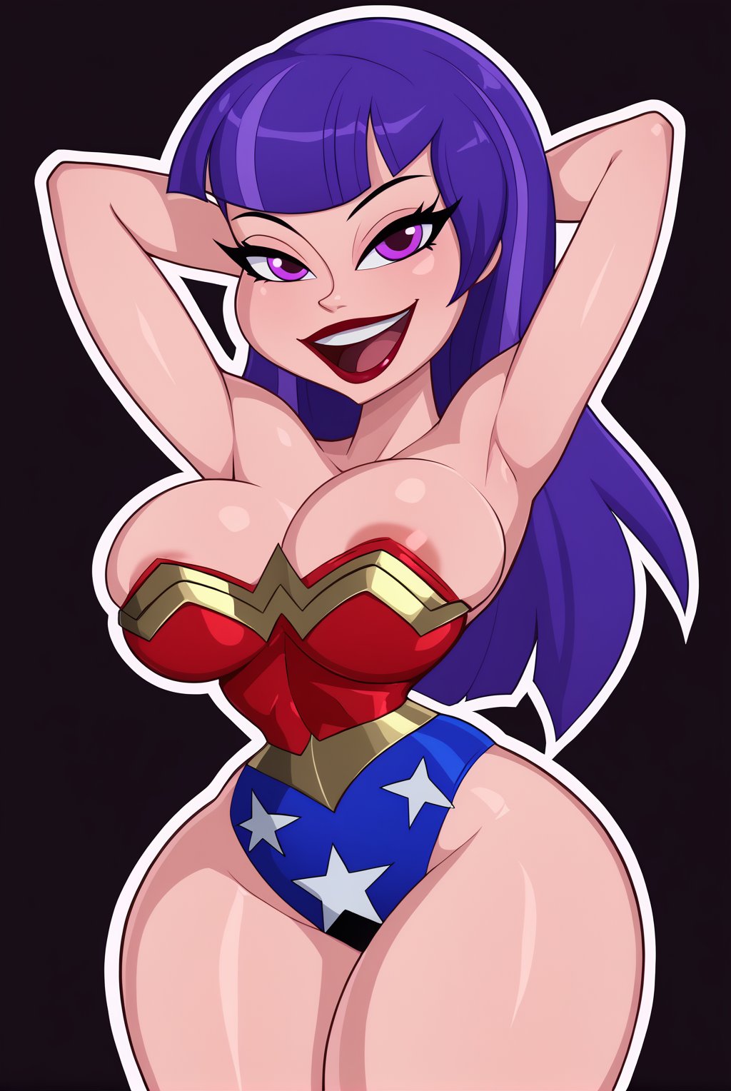 1girls, 2025, ai generated, areola slip, areolae, arms behind back, big breasts, breasts, cats62, cleavage, cosplay, dc, dc comics, dc super hero girls, female, female only, hourglass figure, large breasts, light skin, light-skinned female, looking at viewer, solo, solo female, solo focus, thick thighs, wide hips, wonder woman (cosplay), zatanna, zee zatara
