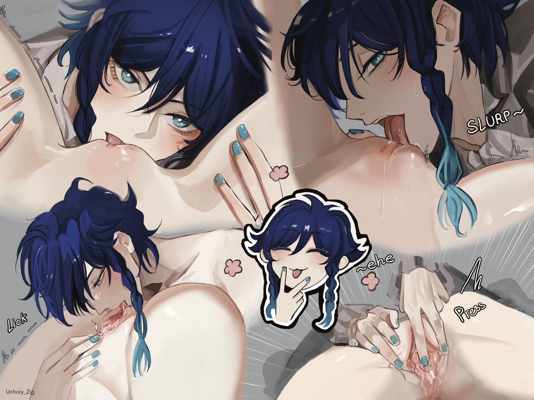 1boy, 1girls, anonymous female, cunnilingus, female, femboy, femboy focus, femboy on female, femboydom, fingering, fingering partner, fingering pussy, genshin impact, licking, licking pussy, male, oral, pussy, tongue, unholy zig, venti (genshin impact)