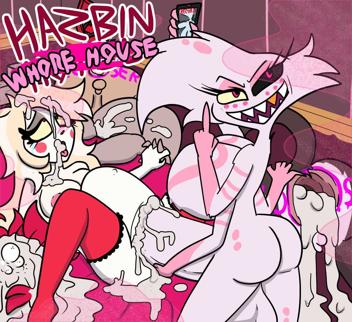 1boy, 1girls, angel dust (hazbin hotel), bad end, charlie morningstar (hazbin hotel), cumflation, female, femboy, gaping anus, hazbin hotel, hellaverse, husk (hazbin hotel), hyper stomach bulge, impregnation, inflation, kritterkabal, male, middle finger, phone screen, stomach bulge, vaggie (hazbin hotel)