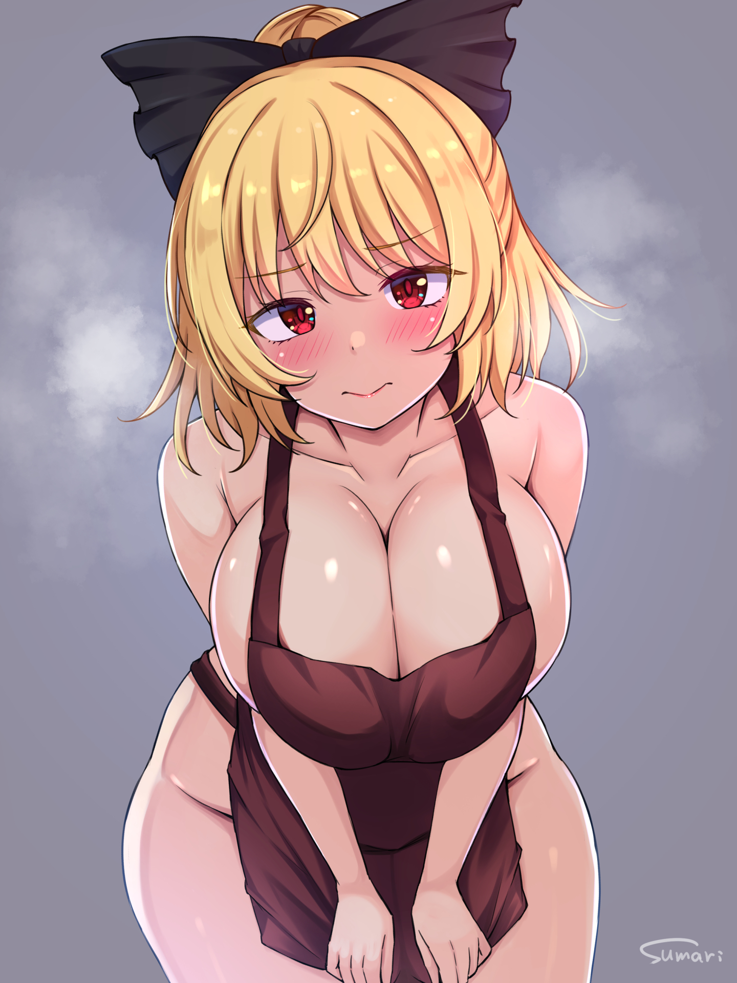 black bow, blonde hair, blush, bow, breasts, brown tabard, cleavage, closed mouth, collarbone, commentary request, female, grey background, groin, hairbow, highres, huge breasts, kurodani yamame, large breasts, leaning forward, looking at viewer, naked tabard, red eyes, short hair, signature, smile, solo, sumari, tabard, touhou