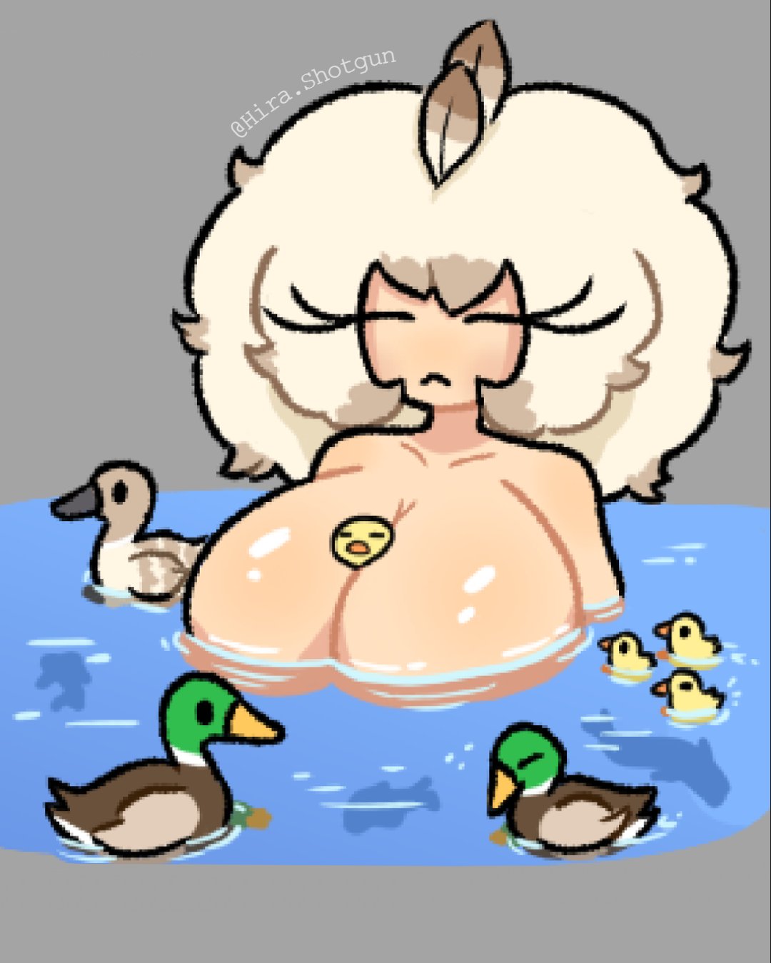 2d 2d_(artwork) 2d_artwork animal_between_breasts animal_humanoid animals artist_name between_breasts big_breasts bird bird_girl breasts breasts_bigger_than_head closed_eyes cute cute_face cute_female cute_girl duck duck_girl ducks eyelashes feather_hair_ornament feathers hira.shotgun huge_breasts in_water large_breasts light-skinned_female light_hair light_skin ms._madeylnn multiple_animals nipples_out_of_frame no_sex no_top shiny shiny_breasts shiny_skin short_hair twitter_username wet wet_body wholesome