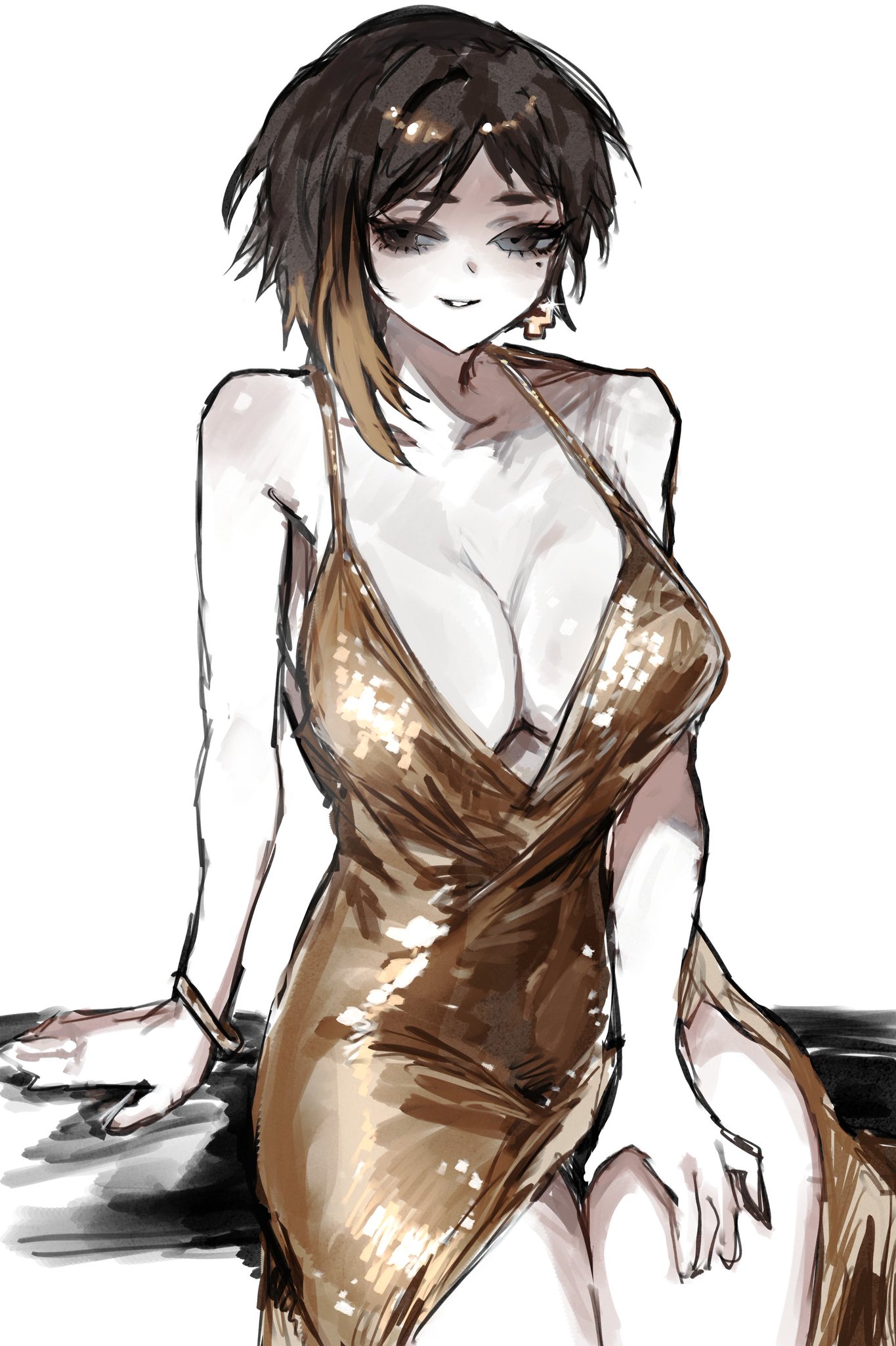 1girls, 2d, arbiter (project moon), binah, binah (project moon), breasts, dress, female, fully clothed, golden dress, hand on thigh, highres, kisaaka, lobotomy corporation, looking at viewer, mommy, project moon, thick thighs, thighs