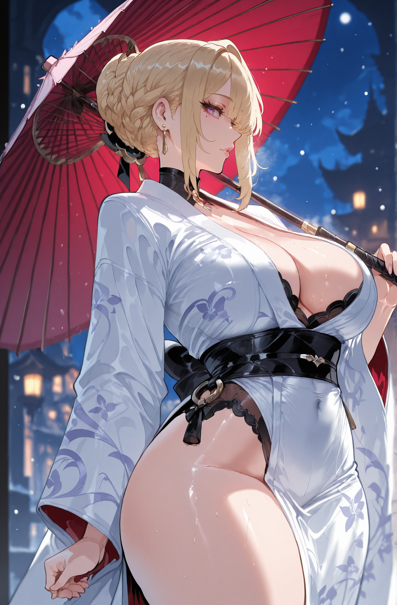 1girls, ai generated, ass, bangs, bare shoulders, black bra, blonde hair, blush, bra, braid, breasts, choker, cleavage, clothing, collar, covered navel, curvaceous, curvaceous female, curvaceous figure, curvy, curvy figure, dress, earrings, evelyn chevalier, female, female focus, female only, floral print, hair bun, hair ornament, hair ribbon, holding, holding umbrella, hoyoverse, huge breasts, inviting, inviting to sex, japanese clothes, jewelry, kimono, large breasts, lips, long sleeves, looking at viewer, miyuai, mole, mole under eye, night, night sky, obi, oil-paper umbrella, outdoors, parted lips, pelvic curtain, presenting, presenting ass, presenting breasts, presenting hindquarters, presenting self, purple eyes, ribbon, robe, sash, seductive, seductive look, seductive smile, shiny skin, sidelocks, sky, smile, solo, standing, thick thighs, thighs, traditional clothes, umbrella, underwear, voluptuous, voluptuous female, wafuku, white dress, wide sleeves, zenless zone zero