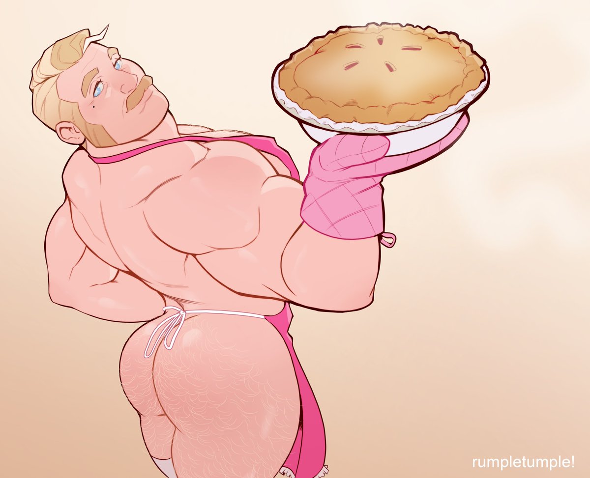 apron apron_only big_ass big_butt blonde_hair blonde_male bubble_ass bubble_butt character_request gay looking_at_viewer male male_focus male_only moustache rumpletumple1 solo solo_focus solo_male